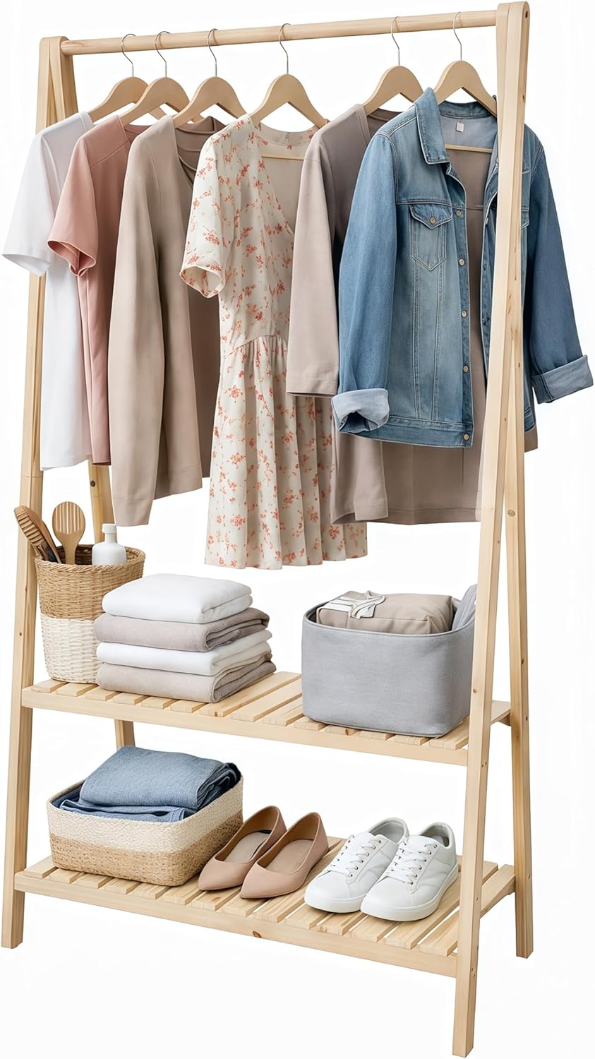Wooden Garment Rack with 2 Shelves, Pine Wood Clothing Stand, A-Frame Design