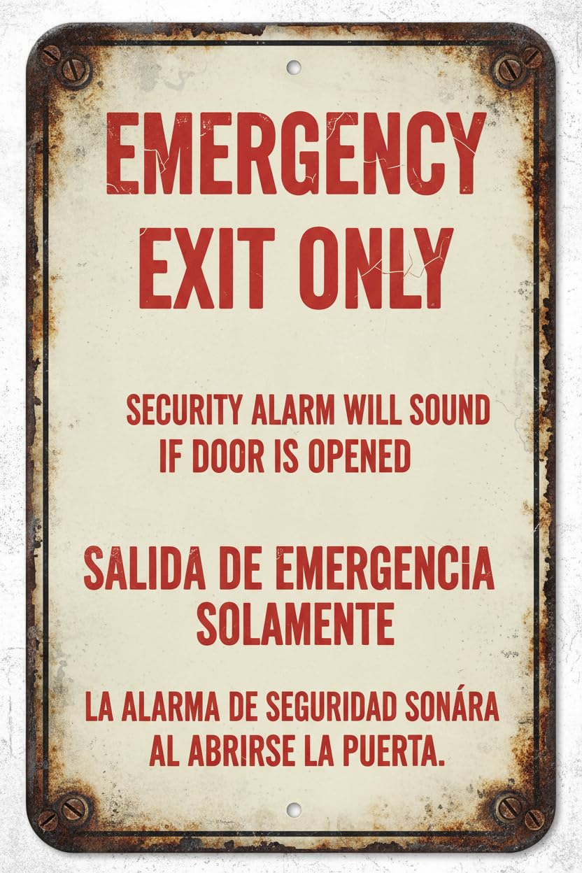 Wall Decor Bilingual Safety Sign, Emergency Exit Only, Security Alarm Will Sound If Door Is Opened Metal Sign 8x12Inch Clear Signage For S, Fences Vintage Signs Aluminum Plates Printed