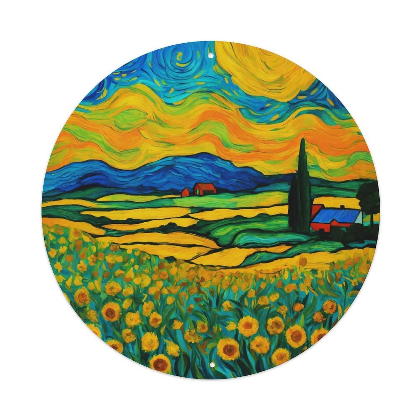 Vintage Art Colorful Clouds on Rural Horizon Vintage Metal Tin Sign Plaque Wall Decor for Cafe, Club, Garden Round Metal Poster 8x8Inch