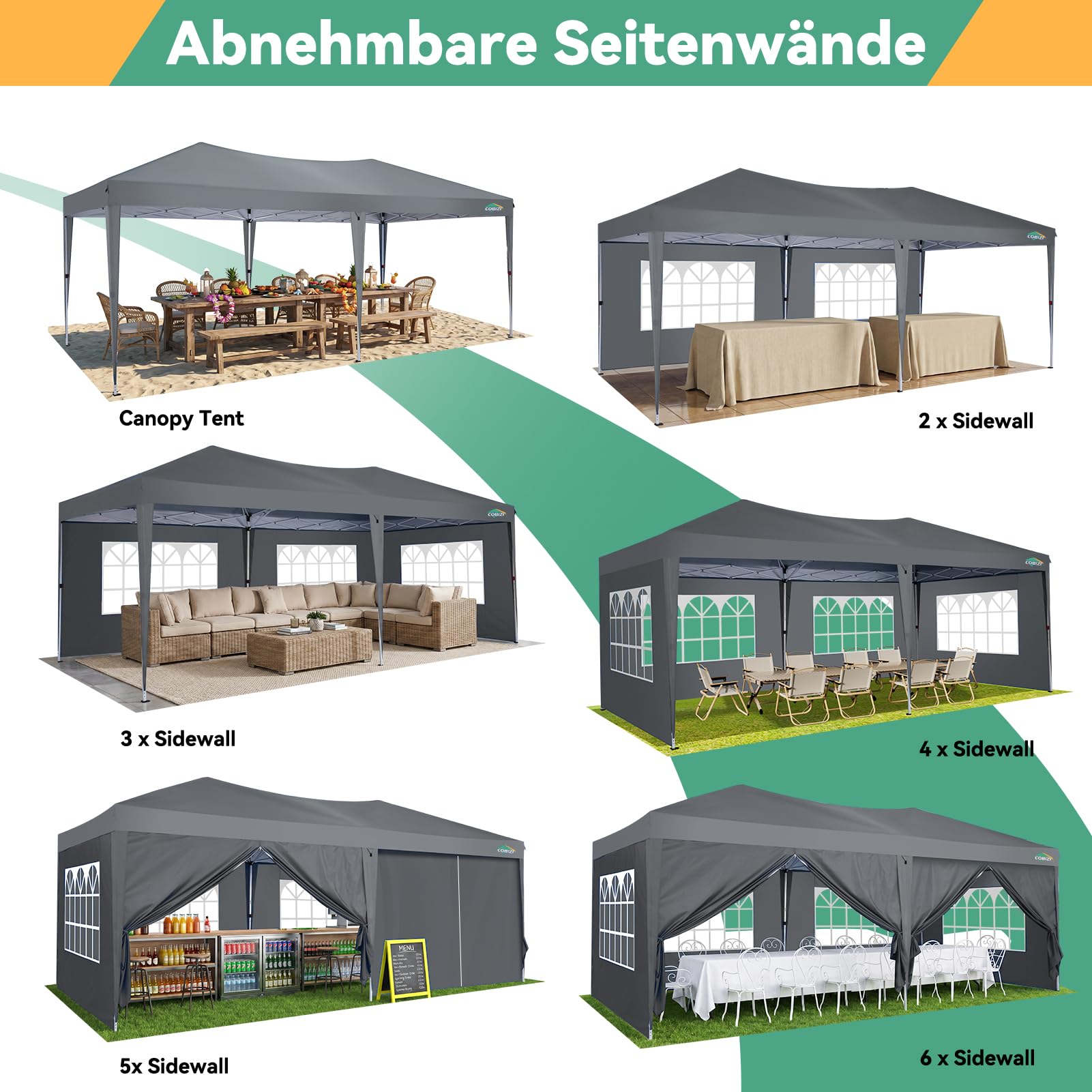 COBIZI Pavillon 3x6 Faltpavillon Wasserdicht Stabil Winterfest Faltbar Partyzelt mit 6 Seitenteilen Pop up Gartenpavillon UV Schutz 50+ Höhenverstellbar für Strand Hochzeit Camping, GRAU
