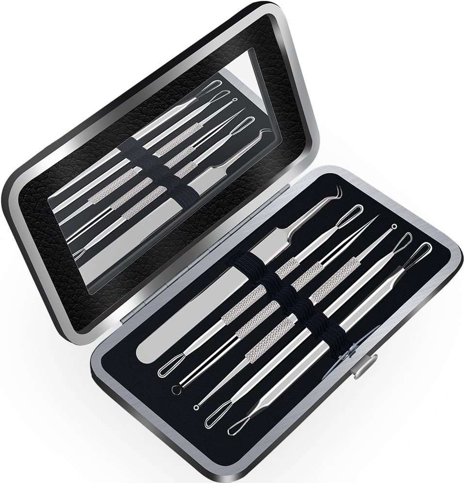 Blackhead remover kits-Professional Blackhead Remover Curved Tweezers Kit Curing Facial Blemish, Whitehead Popping, Acne, Pimple Removing for Risk Free Nose（6 Kits in Leather Case）