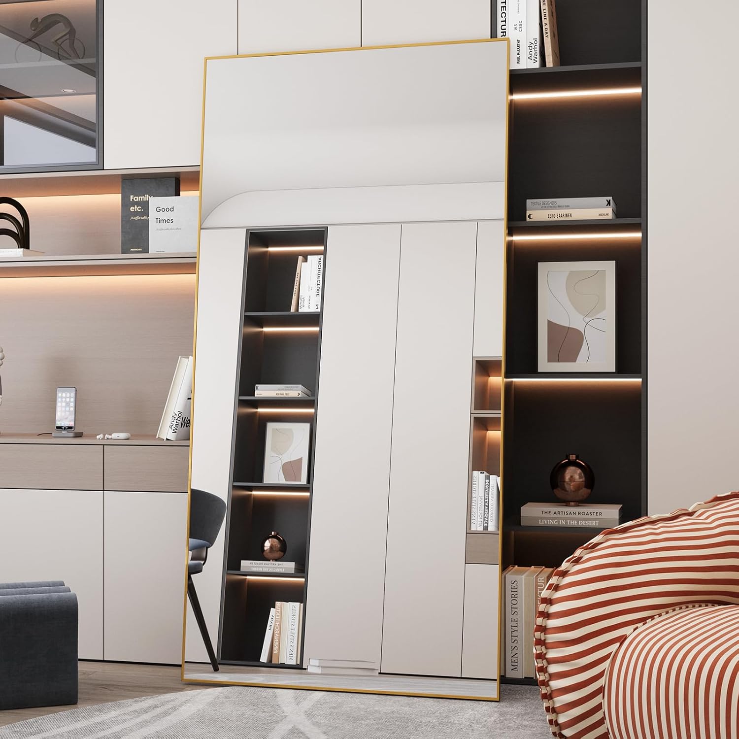 LFT HUIMEI2Y Full Length Mirror, 76.4"x37" Gold Oversized Tempered Floor Mirrors with Stand, Full Body Dressing Mirror Hanging or Leaning with Aluminum Alloy Frame Home Decor for Living Room, Bedroom