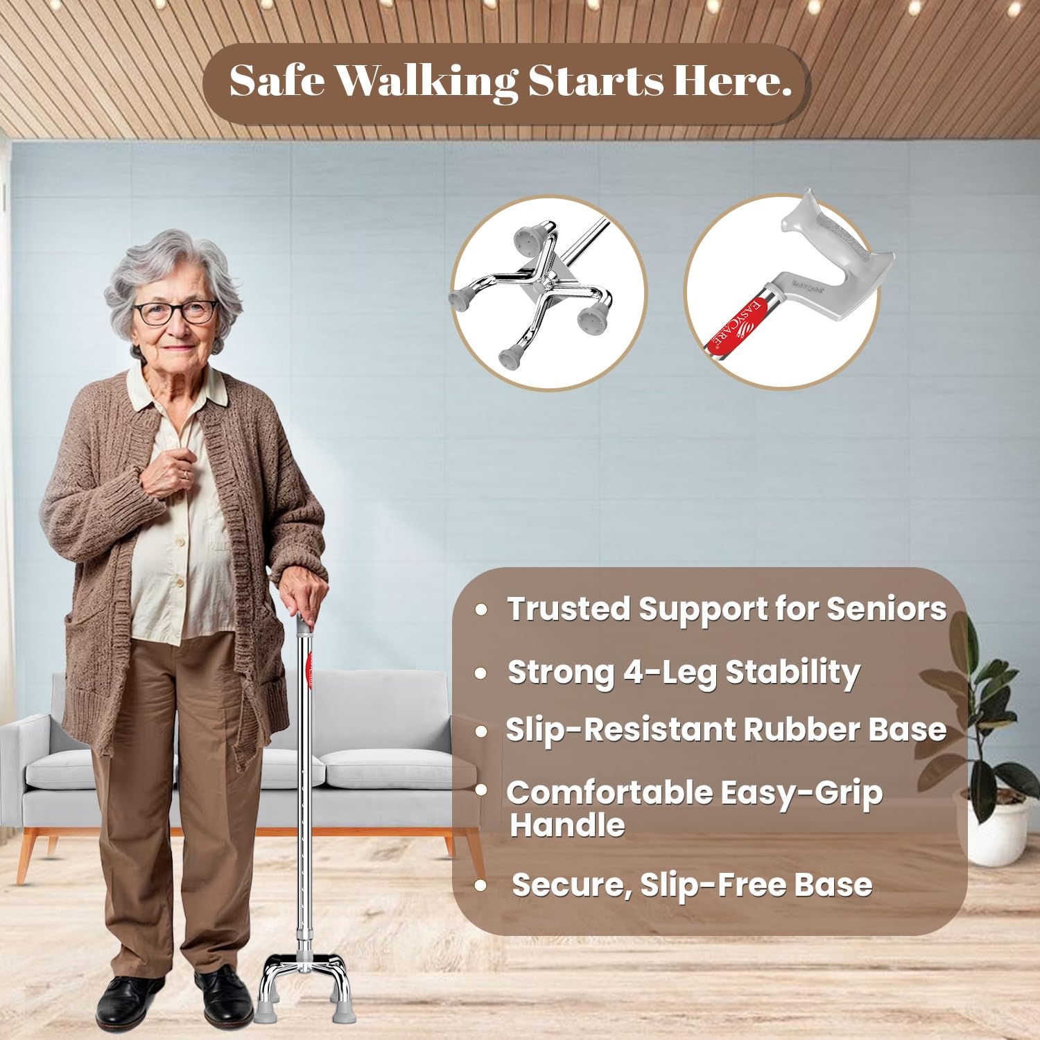 EASYCARE® Premium Walking Stick | Lightweight Aluminium with 10 Height Levels Adjustable | Ergonomic Handle, Anti-Slip Base | Support for Old Age Seniors, Men, Women & Patients (Four Legs) - Image 4 thumbnail