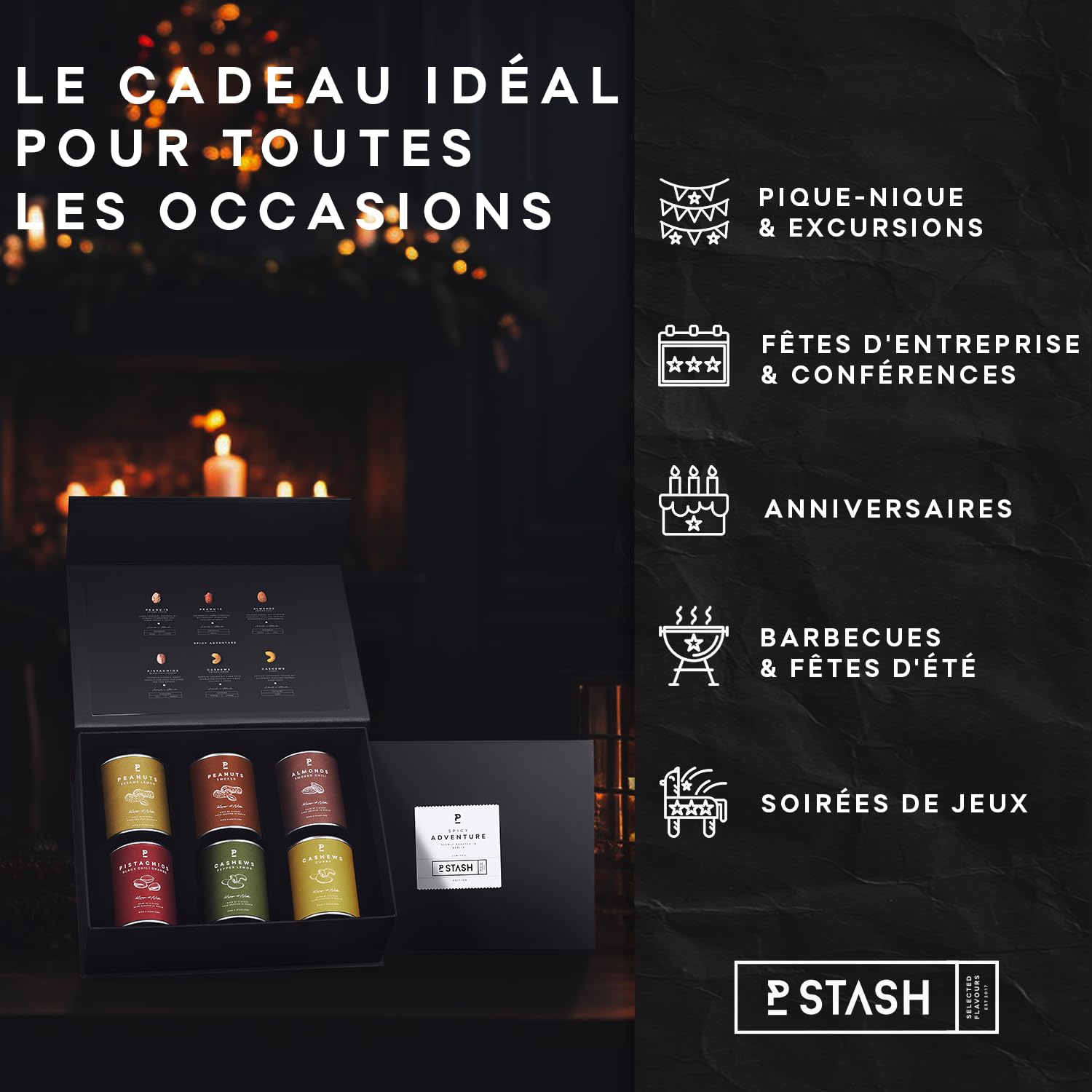 P-Stash Black Box Lot de 6 boîtes de mélange de noix Spicy Adventure – Noix de cajou, amandes, pistaches et cacahuètes – Mixed Nuts avec combinaisons d'épices uniques, grillées à la main à Berlin
