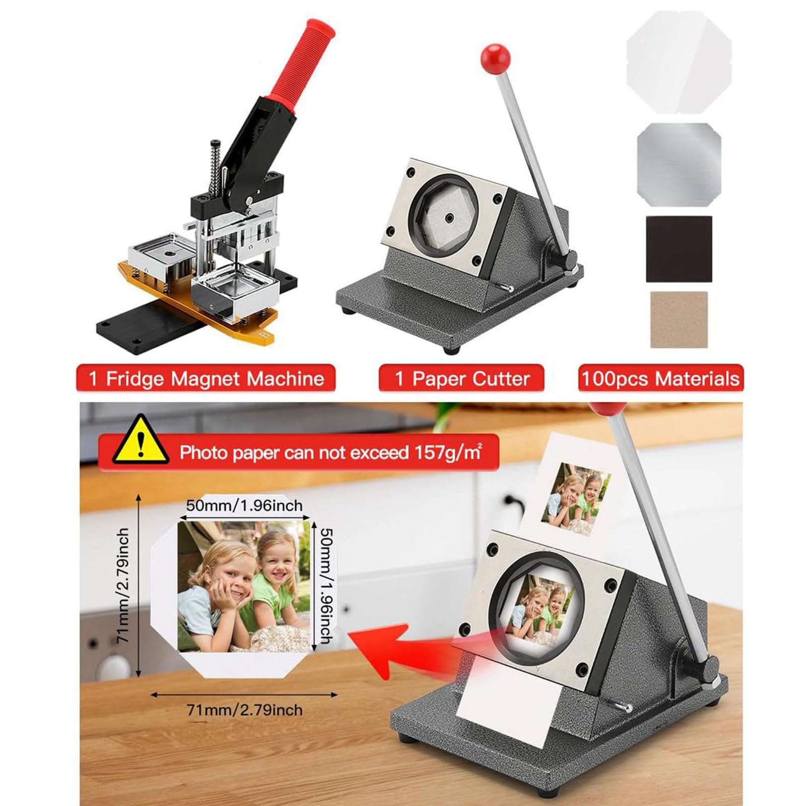 Imanes De Refrigerador De Imanes Cuadrados DIY, Máquina De Fabricación De Botones De Insignia De 50x50 Mm + Cortador De Papel + 100 Piezas De Consumibles para Decorar Refrigeradores