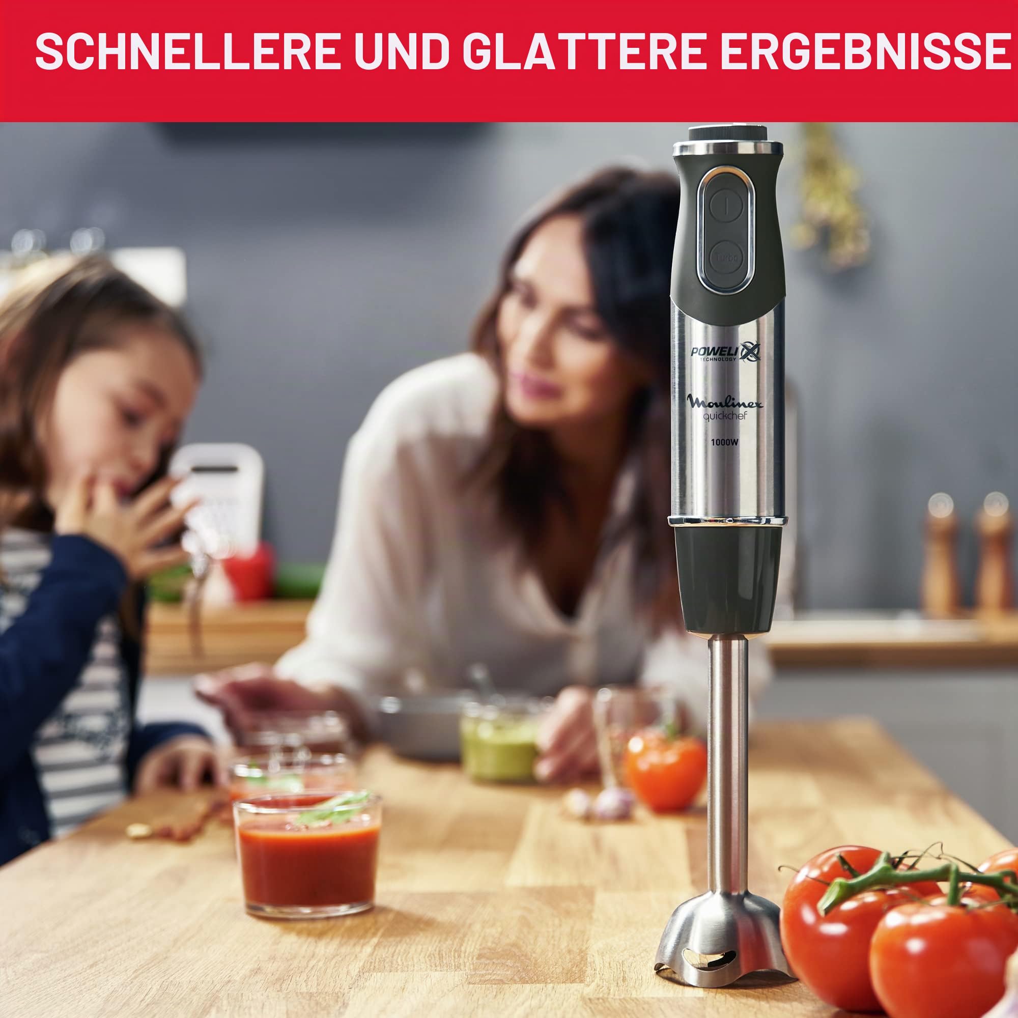 Moulinex DD6558 Quickchef 3-in-1 Stabmixer, 1000 W, Mixer mit Powelix-Technologie und 10 Geschwindigkeitsstufen, 3 Zubehörteile, Becher 800 ml, Zerkleinerer 500 ml und Schneebesen, Klingen aus