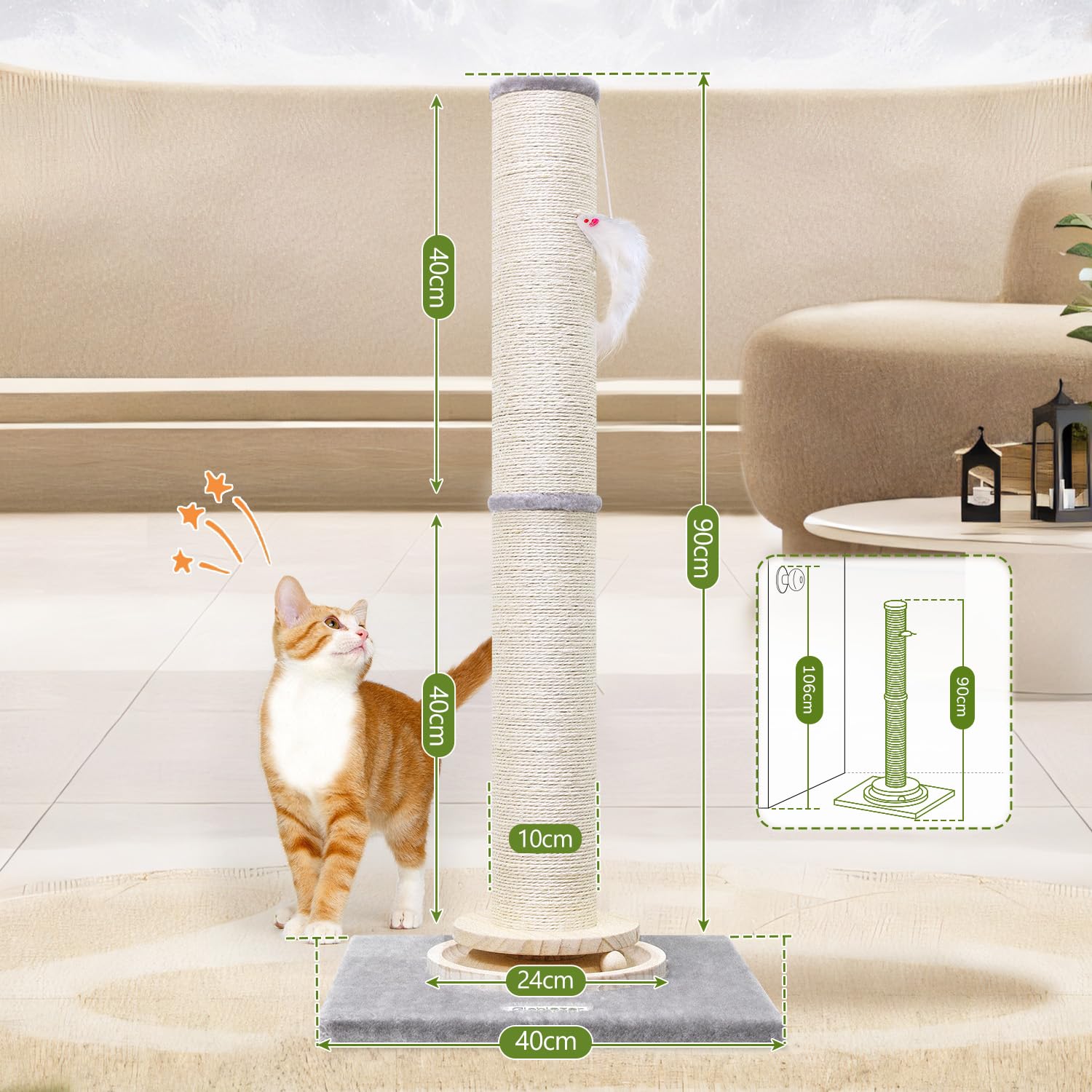 Globlazer Kratzstamm XXL, Kratzsäule Groß Stabil hoch 90 cm & 50 cm 2 IN 1 Einstellbar mit Große Basis Dicker Stamm Sisal Plüschball Holz Trackingball, Kratzsäulen für Große Katzen (SC35, Hellgrau)