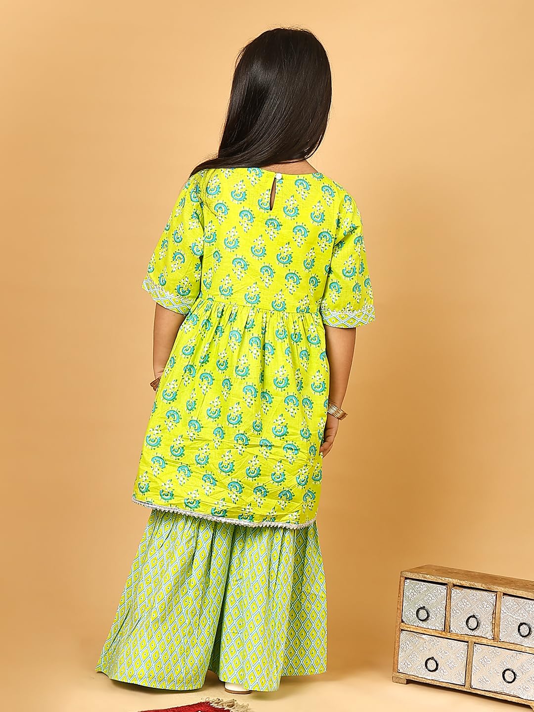 superminis Baby Girls Cotton Sanganeri Printed Frock Style Kurti & Pant (2-3 Years, Green) 2