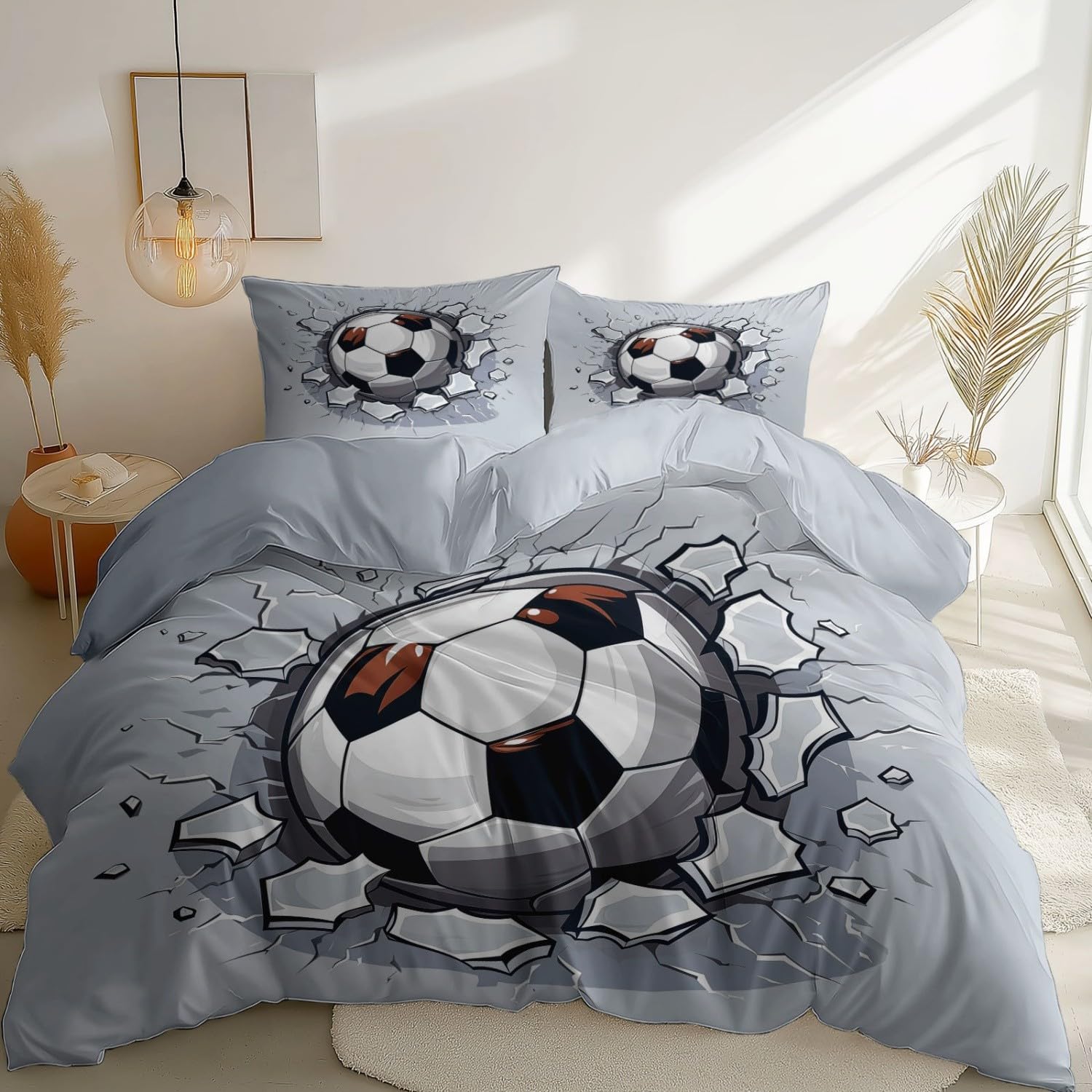 Bettwäsche 220 x 240 cm, Wende Bettbezug Set für Kinder Jungen Mädchen, Schwarz Weiß Bequem Atmungsaktiv Einfache Pflege Cartoon Fußball Crack Grunge Sport Bettwäsche Set