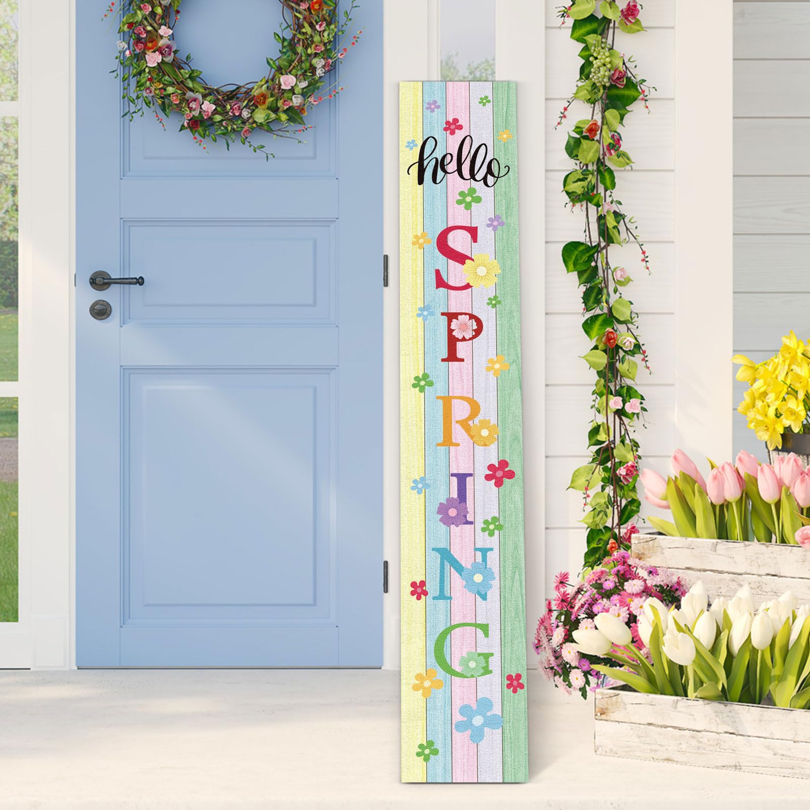 Hello Spring Welcome Sign for Front Porch Standing Wooden Porch Sign with Flower for Front Door Decors Spring Welcome Home Sign for Front Door, Porch, Garden, Yard, Patio, Spring, 47.2"H X 9.8"L