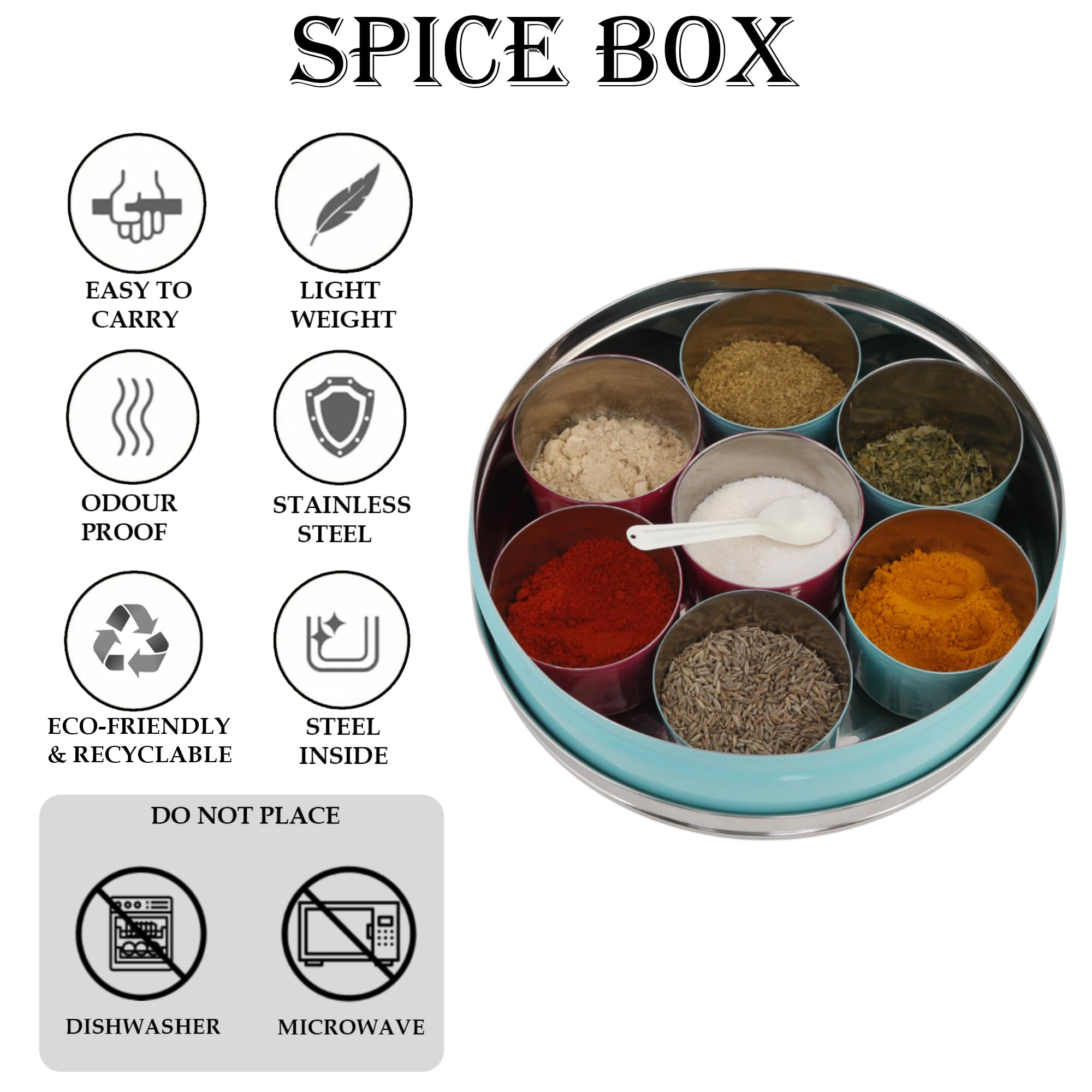 Elan Stainless Steel Masala Box | Spice Storage Container | Masala Dani With 7 Containers and Small Spoon | Masala Dabba For Kitchen See Through Lid | Kitchen Spice Organiser (Aqua) 2