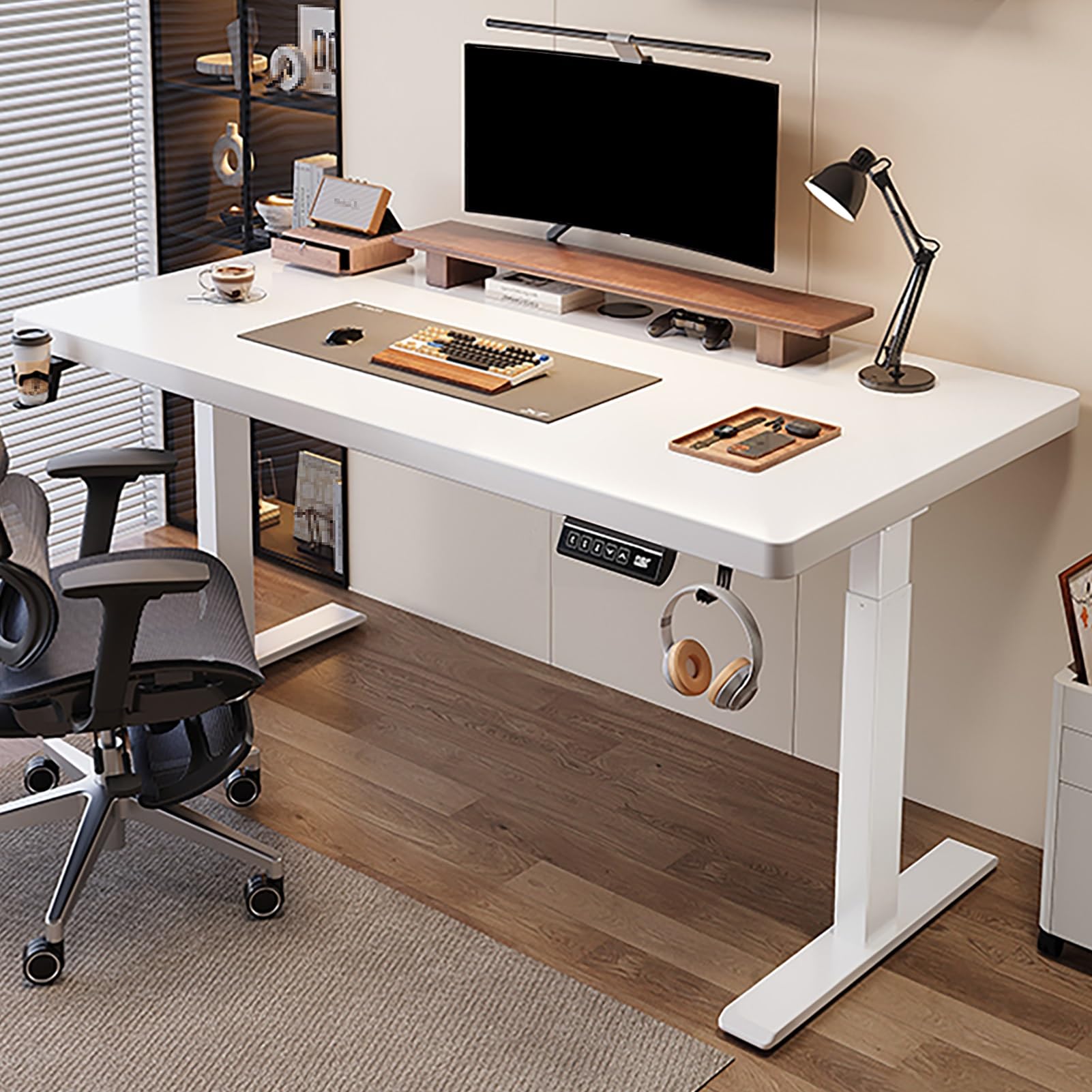 MYUYEE Standing Desk, Adjustable Height Stand Up Desk, Sit Stand Computer Desk, With Cup Holder And Headphone Hook, Office Desk With Cable Management,Black,100X60Cm/39.3X23.6In (White-140X70Cm)