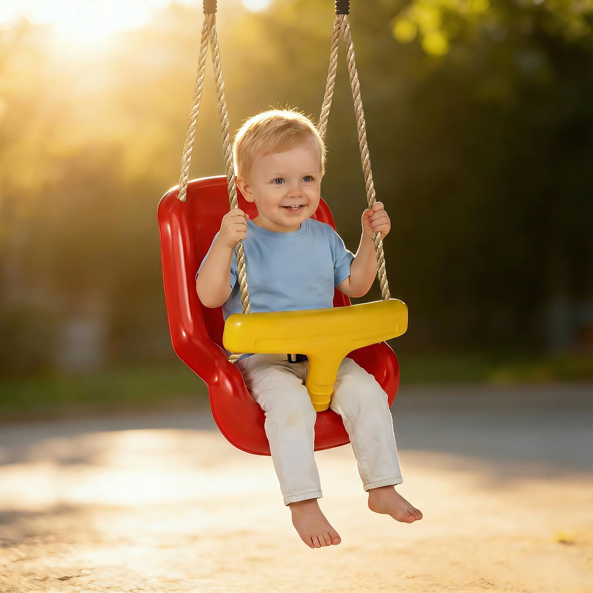 AIYAPLAY Altalena per Bambini da Interno ed Esterno, Altalena da Giardino per Neonati e Bimbi 9-36 Mesi, Corda Regolabile e Cintura di Sicurezza