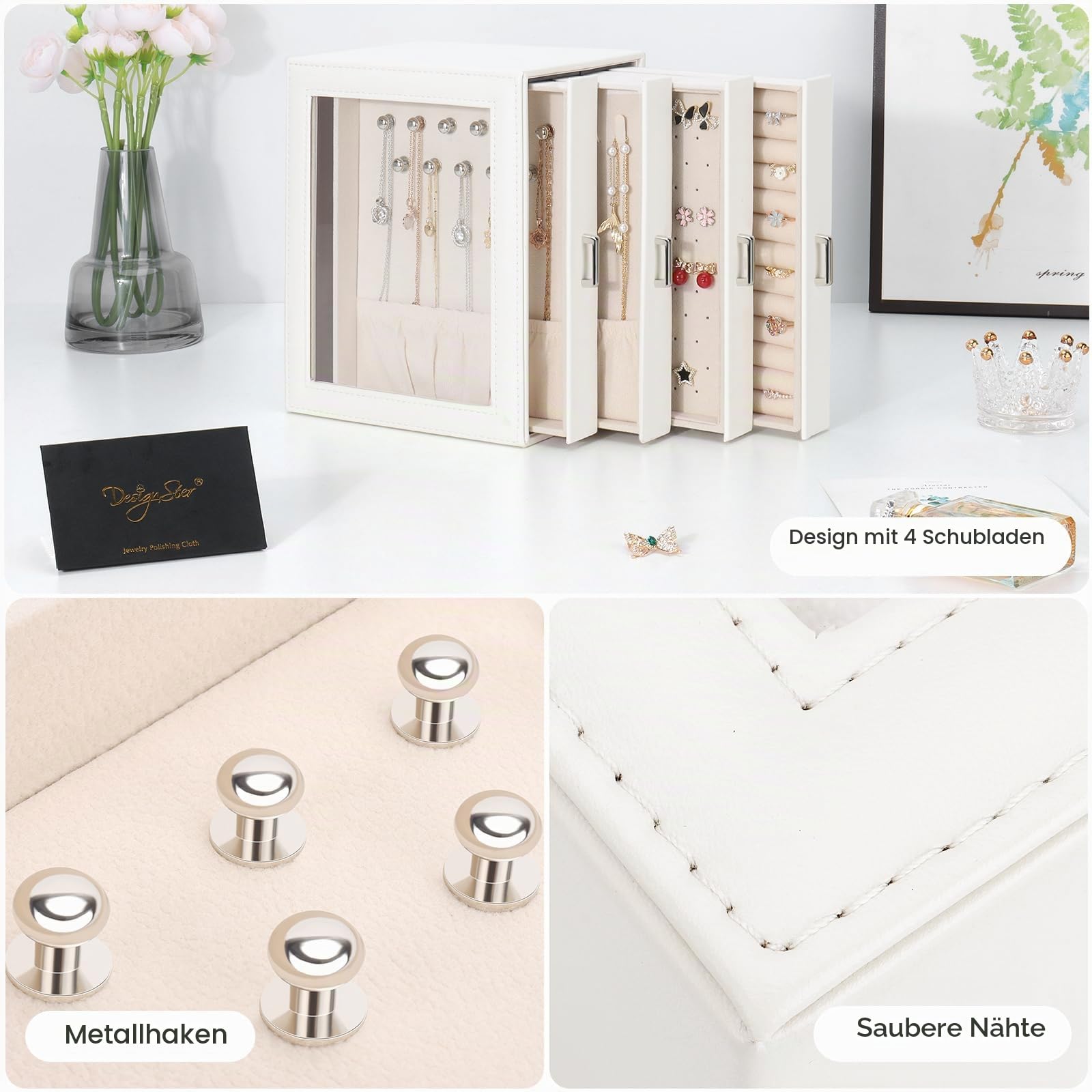DesignSter Schmuckkästchen, Schmuckschatulle für Damen, PU Schmuckbox mit 4 Seitlichen Schubladen, Schmuckaufbewahrung für Ohrringe, Halsketten, Ringe, Armbänder, Uhren, Beige