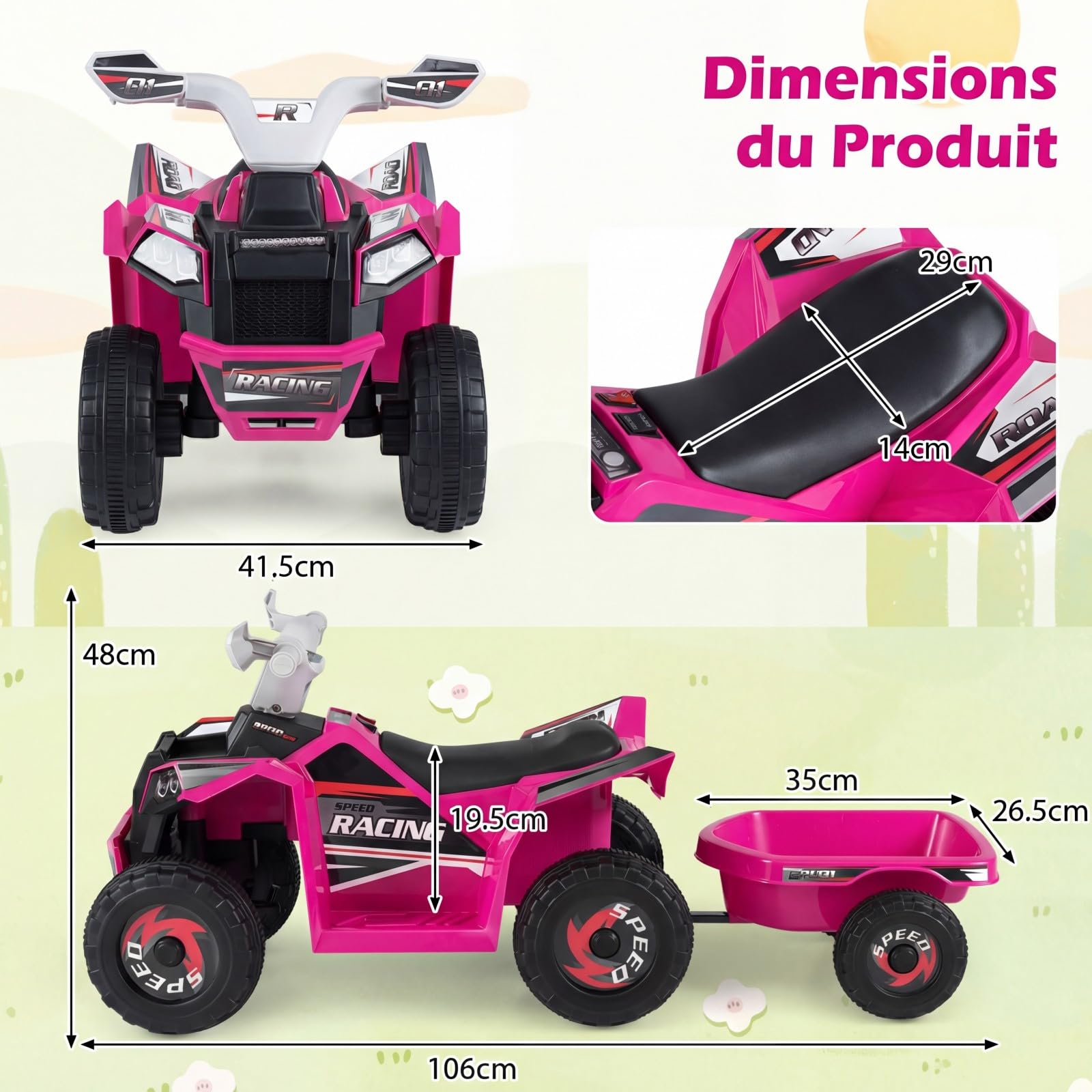 GOPLUS Quad ATV Electriques Enfants, Voiture Électrique Enfants 6V avec Remorque Arrière Amovible, Roues Résistantes à l'Usurel, pour Tout-Petits Garçons 3 Ans+, 2-3 km/h,Charge 30KG