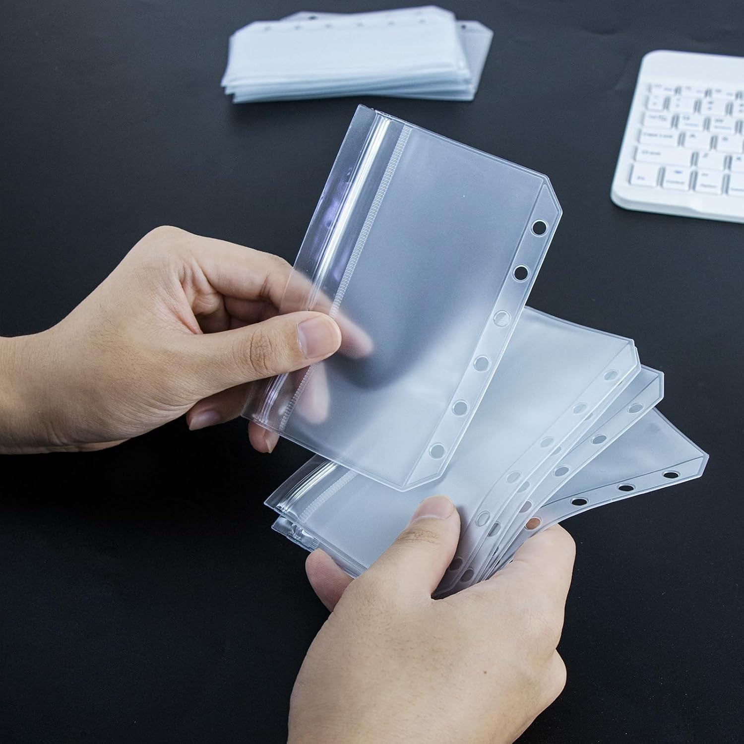 12pcs A7 Cash Stuffing Envelopes Binder 2-Layer Pockets Frosted PVC 6 Hole Flat Sealing Double Pocket Zipper Pouches for 6 Ring Binder Planner Inserts (A7) image 4