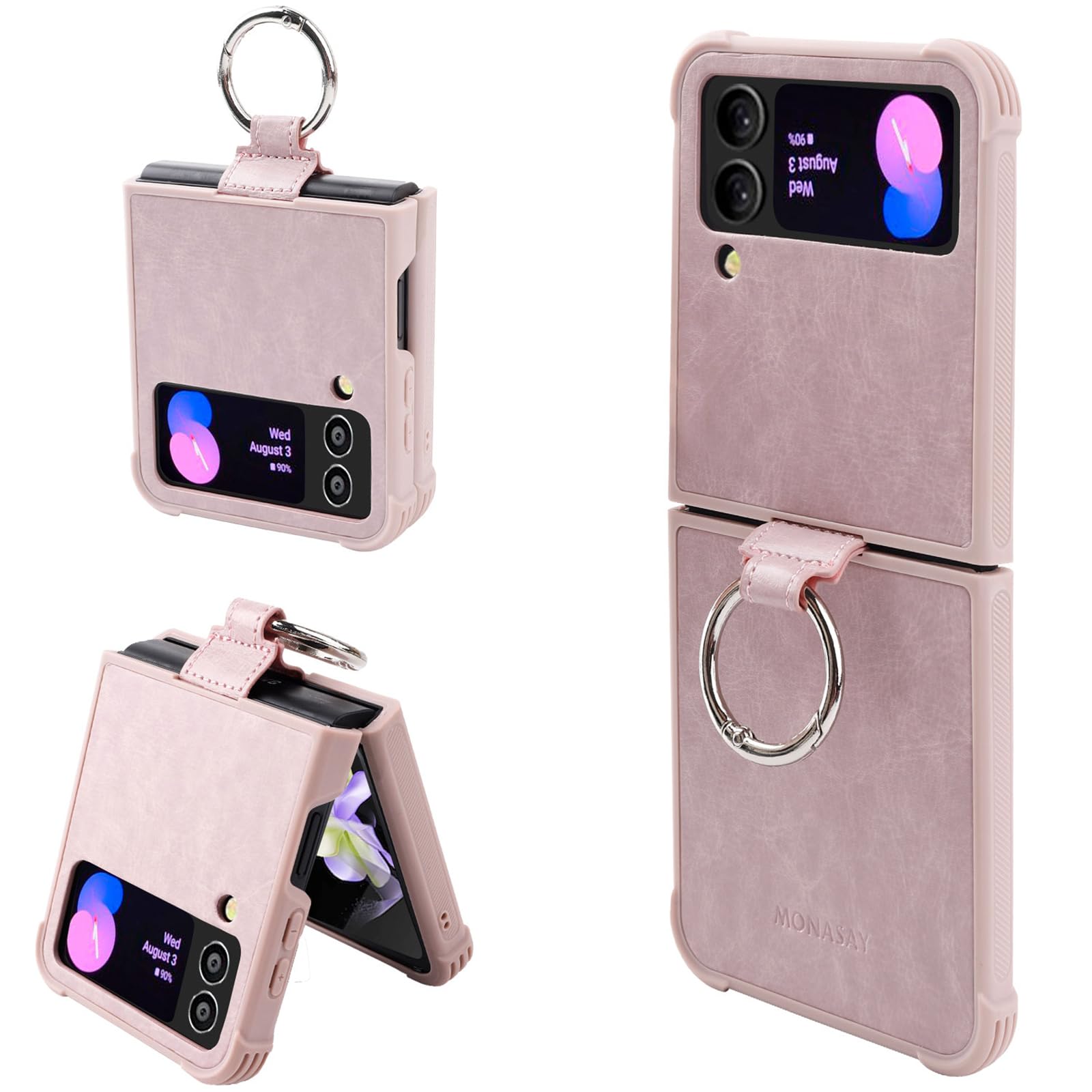 MONASAY Phone Case Compatible for Galaxy Z Flip 4,[Screen Protector Included] Leather Cell Phone Cover with Ring Fit for Samsung Galaxy Z Flip 4 5G