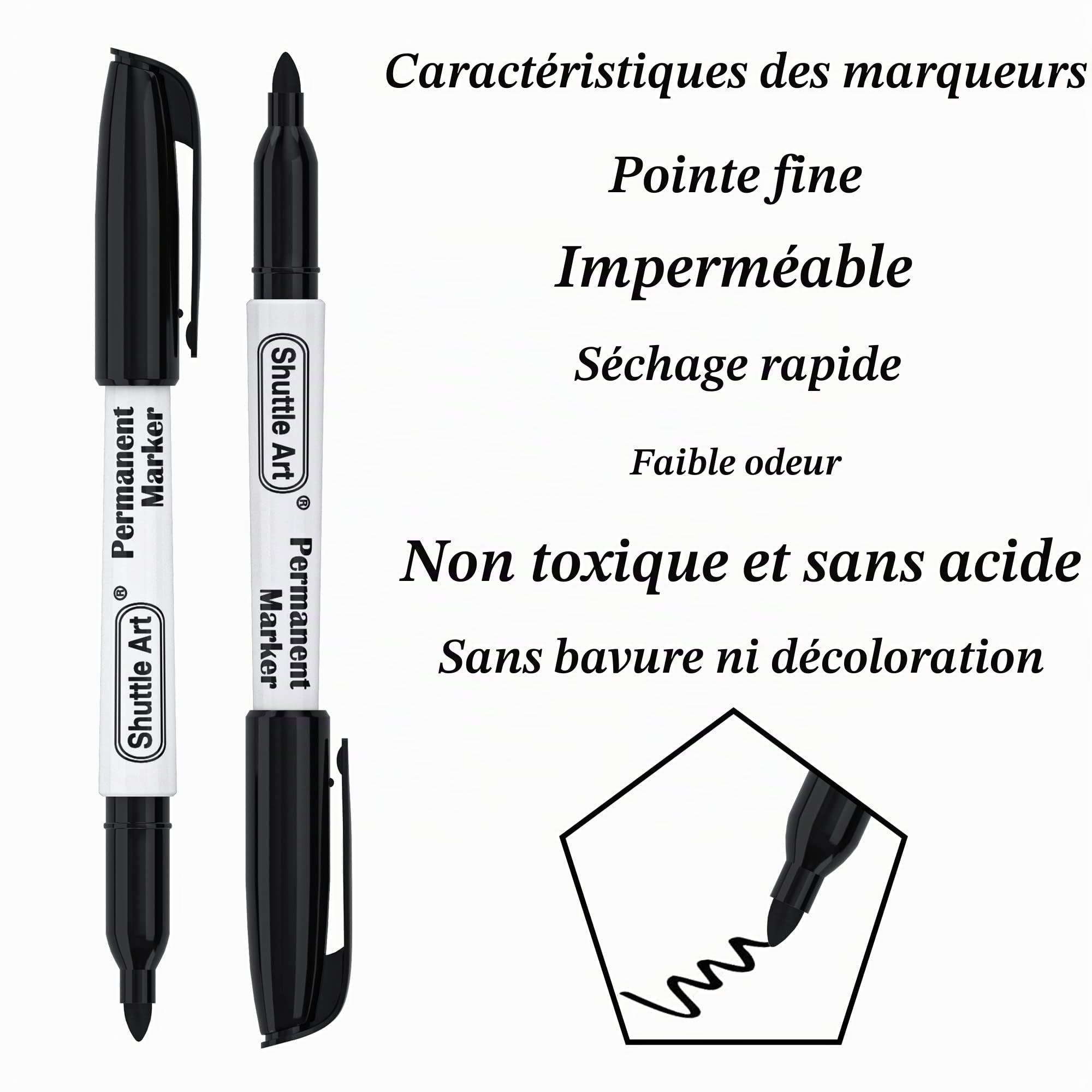 Shuttle Art Marqueurs Indélébiles Noir, Lot de 30 Marqueurs Permanent Pointe Fine, Encre Noir, Feutre Indélébile Fonctionne sur Plastique Bois Pierre Métal Verre pour Marquer