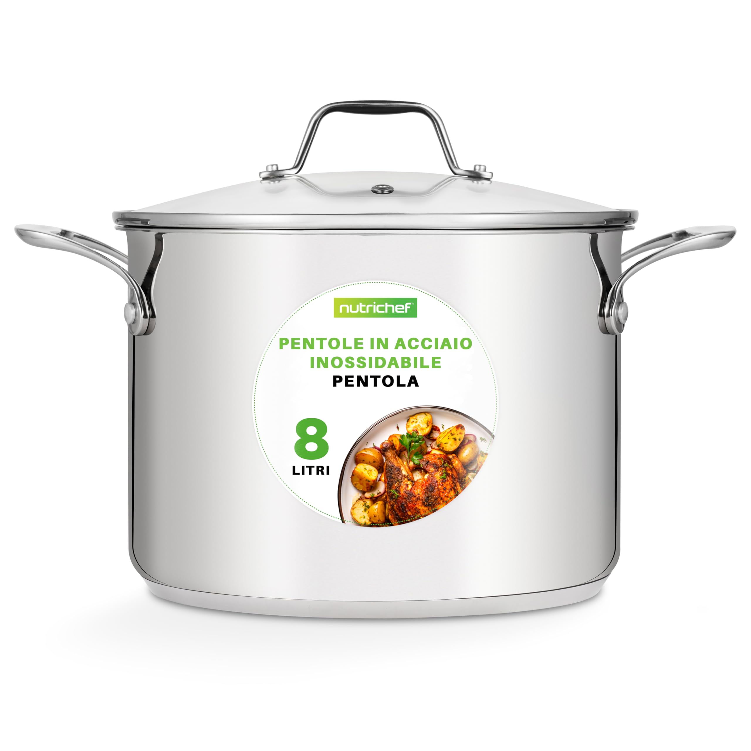 NutriChef Pentola in Acciaio Inox da 8 Litri, Grado Alimentare 18/​8, Pesante, Adatta per Induzione, con Coperchio Trasparente, Ideale per Stufati e Cottura Lenta e Lavabile in Lavastoviglie