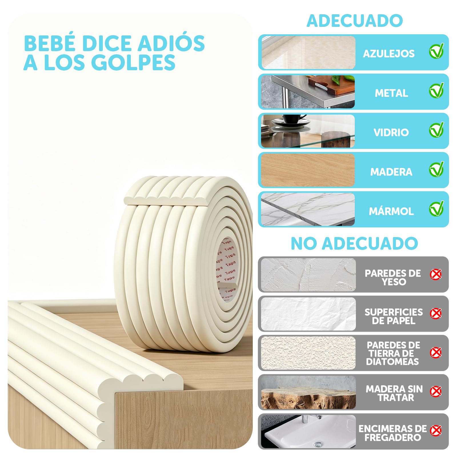 shinfly Multiusos Protector Espuma, 5mx8cmx8mm Autoadhesivo Protector Pared Cama niños, Espuma Ancha Suave Gruesa Rollo para Superficie Dura & Bordes, Protección de Bordes para Ancianos Blanco Lana
