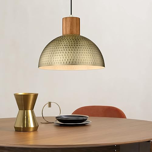 Miniatura 9 de ELYONA Lámparas colgantes vintage, lámpara colgante de latón cepillado de 12 pulgadas de metal martillado y madera de caucho, lámpara colgante de