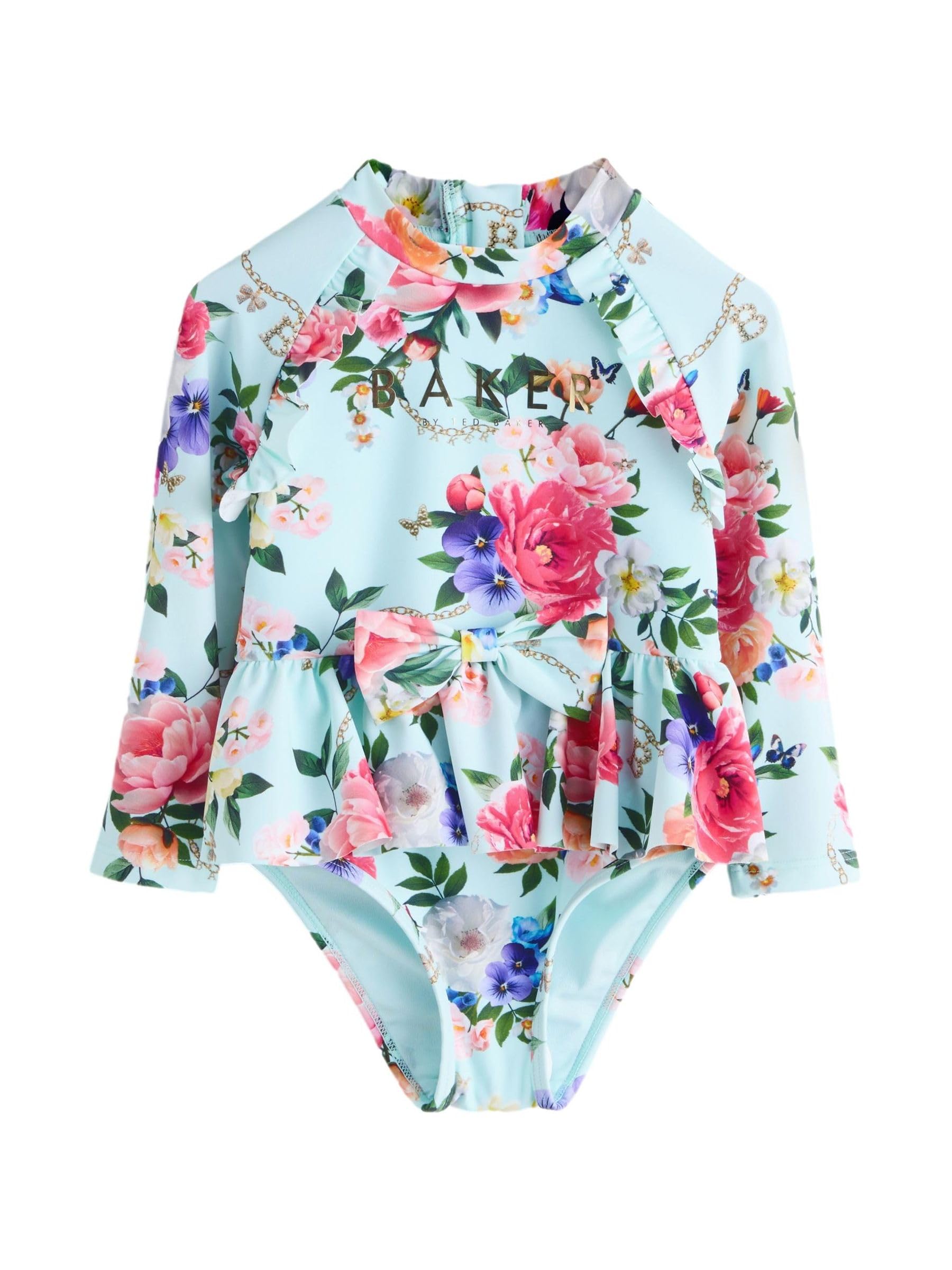 Młodsze dziewczynki Strój kąpielowy z długim rękawem i falbanką przy baskince Baker By Ted Baker