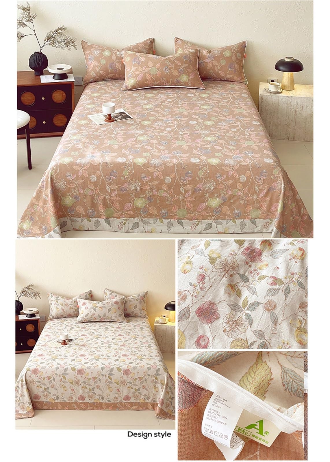 Sábana encimera Cama 90/105/135/150/160/180cm 240x250/270cm de algodón de Gasa Doble refrescante Suave y aireada sensación de Nube sábana Plana Reversible(Flower B,240x270cm+48x74cm x2)