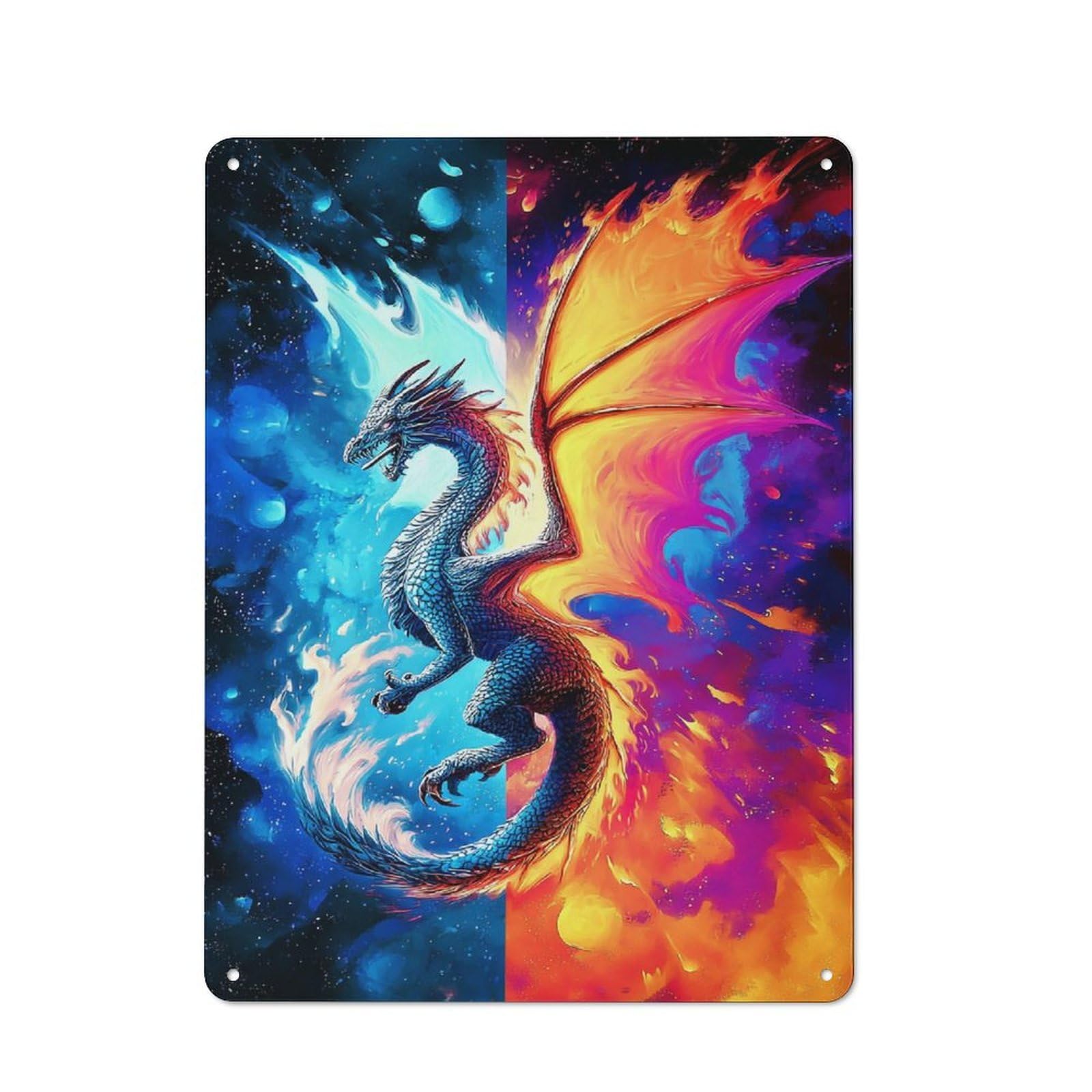 Junmoney Dragon Of Fire And Ice Rustic Metal Sign 40X30cm For Living Room Wall, With Clear Rustic Wall Decor Character