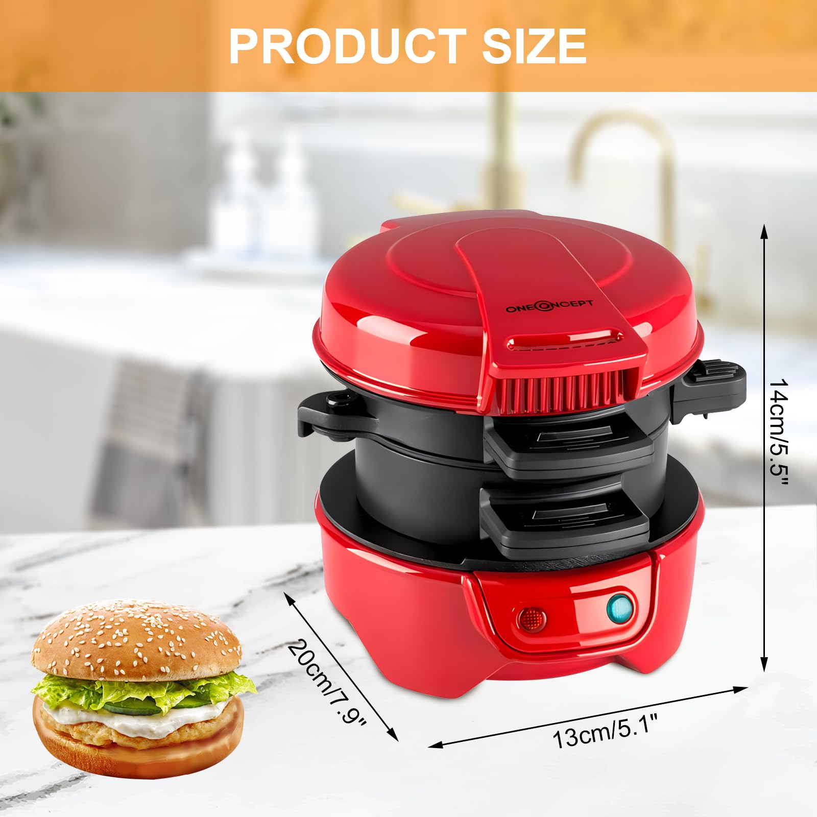 Sandwich Toaster Burger Maker, Effiziente Antihaft Heizplatten, mit Eierringe und Zeitschaltuhr, Spülmaschinenfest, Perfekt Für Hamburger, Waffeln Snacks Und Ein Schnelles DIY (Red)