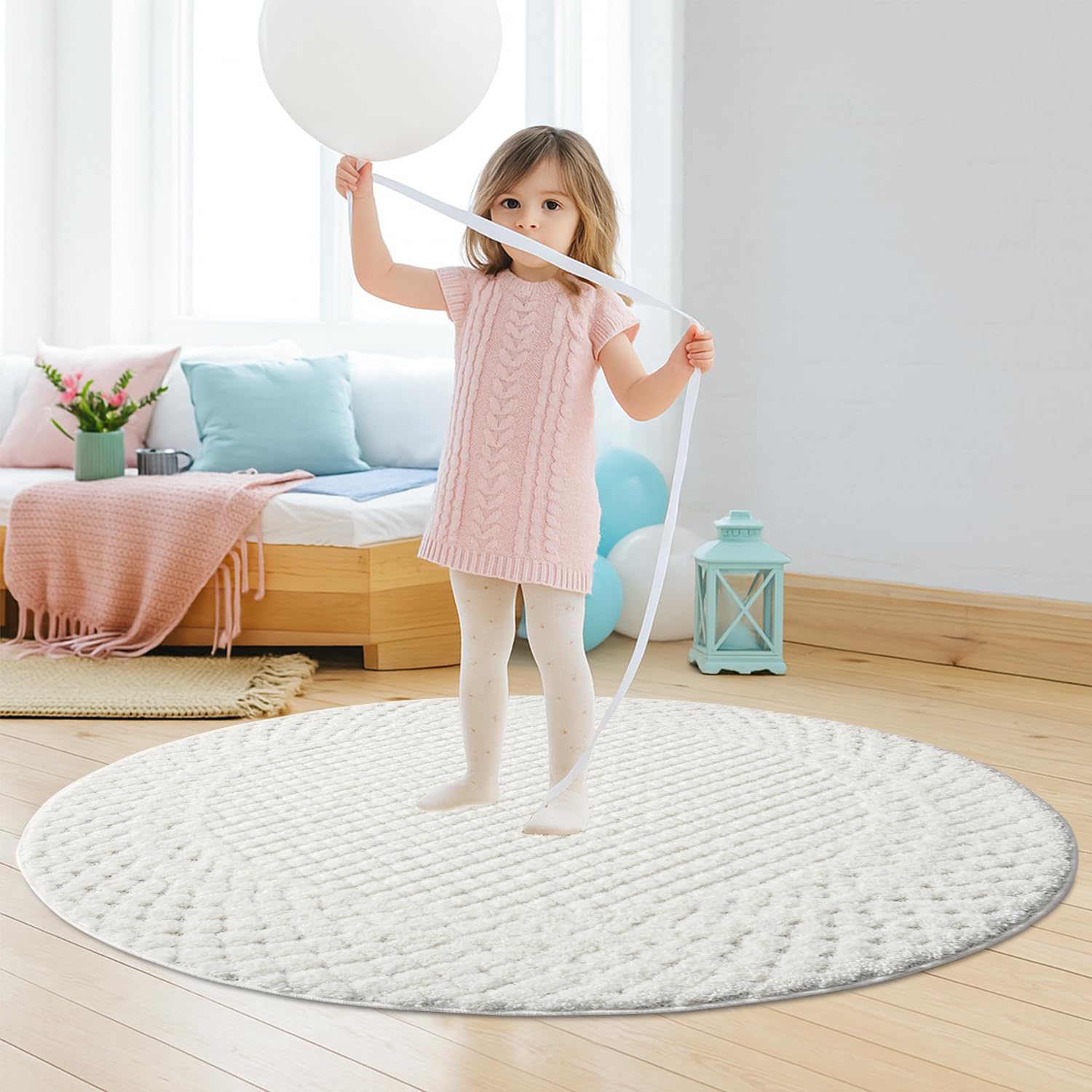 payé Tapis rond, 160 x 160 cm, à poils longs, bohème, crème pastel, uni, motif moderne en losanges, scandinave, moelleux, doux, décoration de chambre à coucher