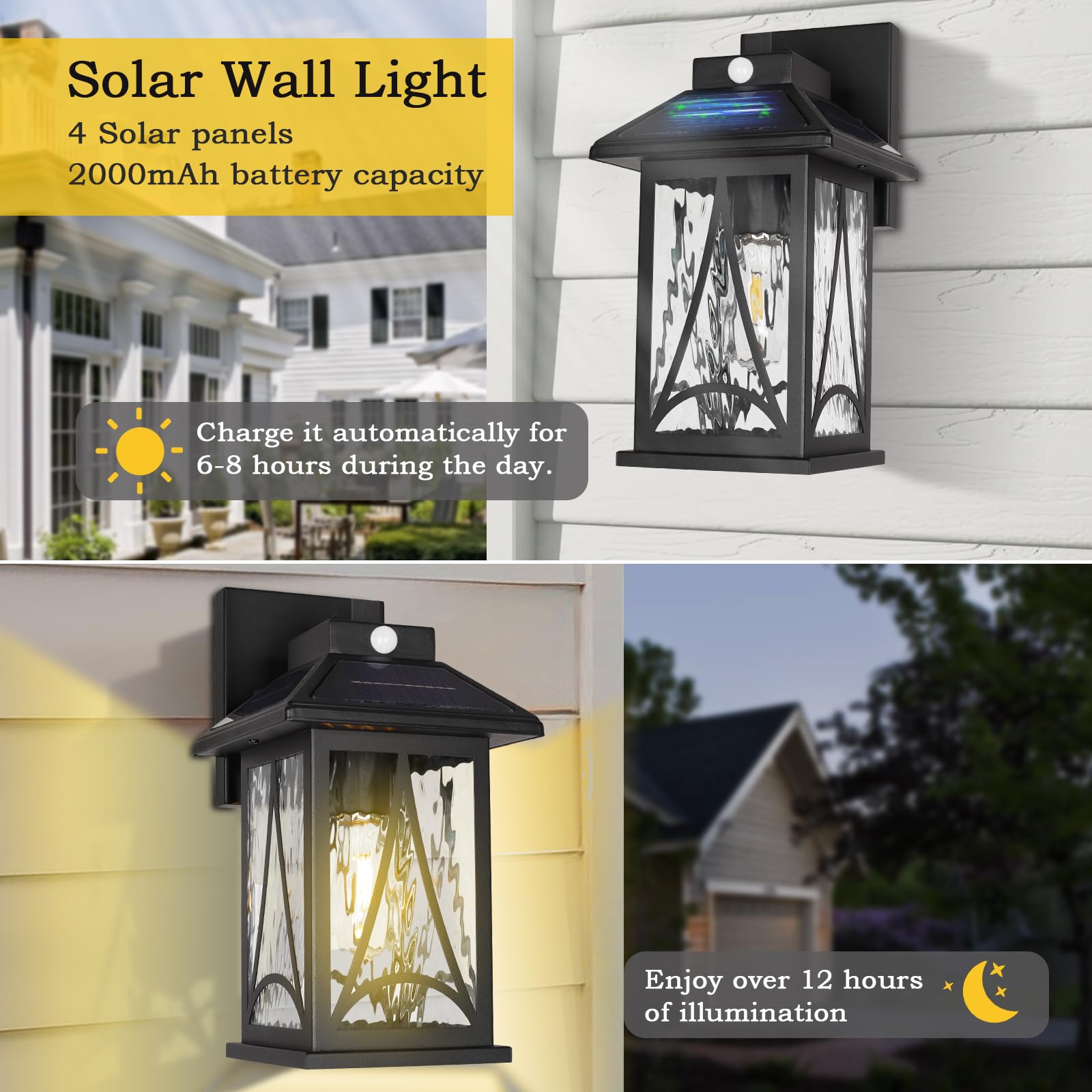 Solar-Wandleuchten für den Außenbereich mit Bewegungssensor, Dämmerung bis Morgendämmerung, wasserdichte Wandlaternenbefestigungen, solarbetriebene Außenleuchten für Veranda, Garage, Terrasse