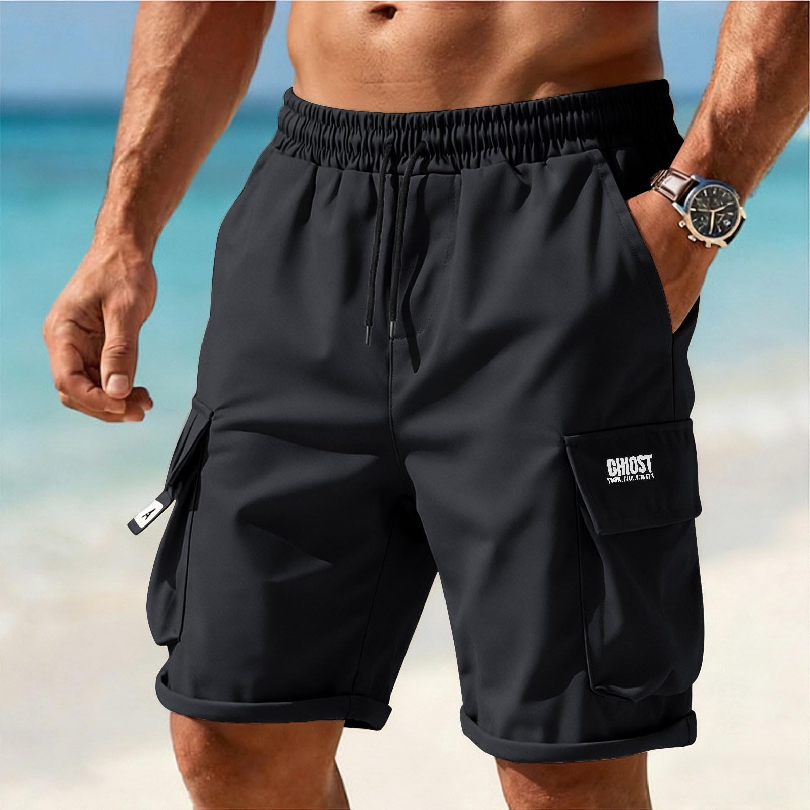 Men's Stretchy Cargo Shorts Hiking Short Pants with Multi Pockets Summer Outdoor Elastic Waist Shorts Loose Drawstring Pant — view 2