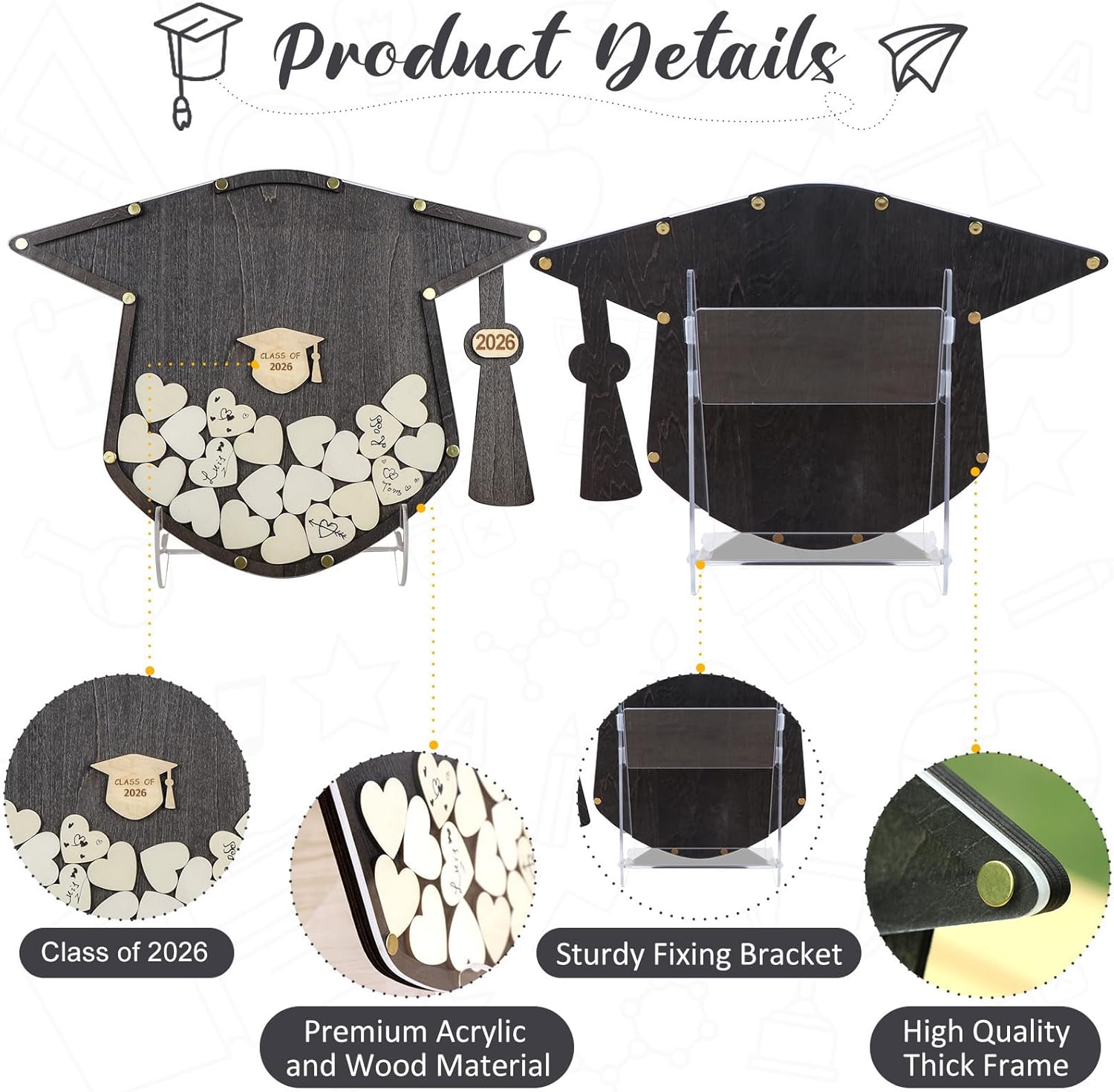 OurWarm Graduation Guest Book Alternative, Wooden Drop Top Frame Guest Book with Stand, Plywood Box, and 60 Wooden Hearts, Perfect Graduation Party Decoration for College, High School, Class of 2026