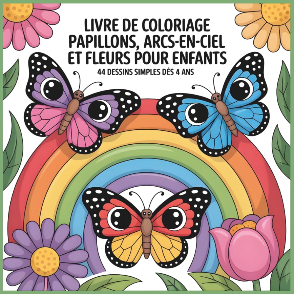 Livre de coloriage Papillons, Arcs-en-ciel et Fleurs pour Enfants: 44 Dessins Simples et Mignons à Colorier | Activité Créative Relaxante pour Filles et Garçons dès 4 Ans