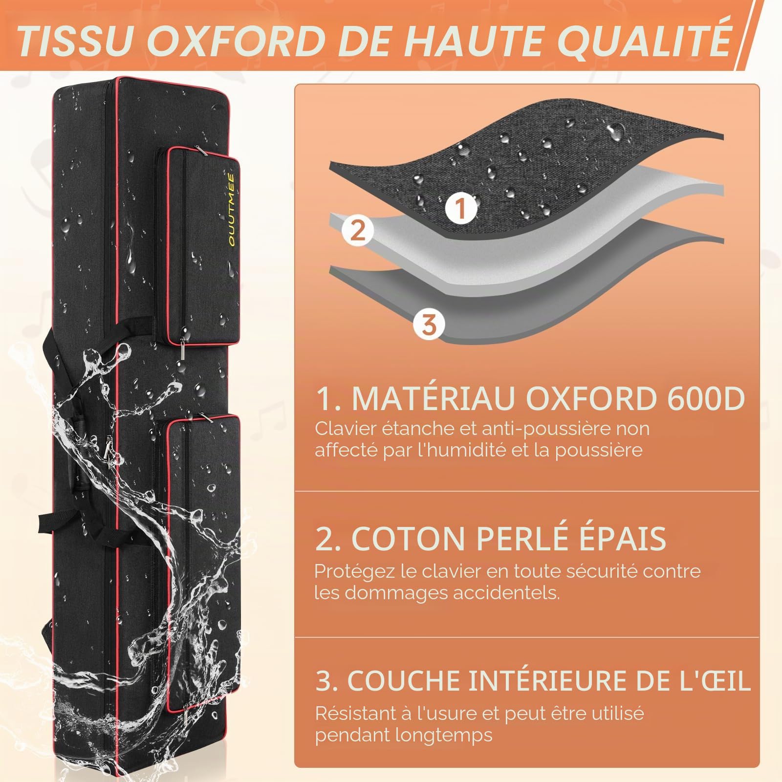 OUUTMEE Housse 88 clavier pour piano électronique, tissu Oxford 600D avec face d'accueil de 10 mm, housse de transport (noir) résistante aux chocs, étanche, quatre coins de protection