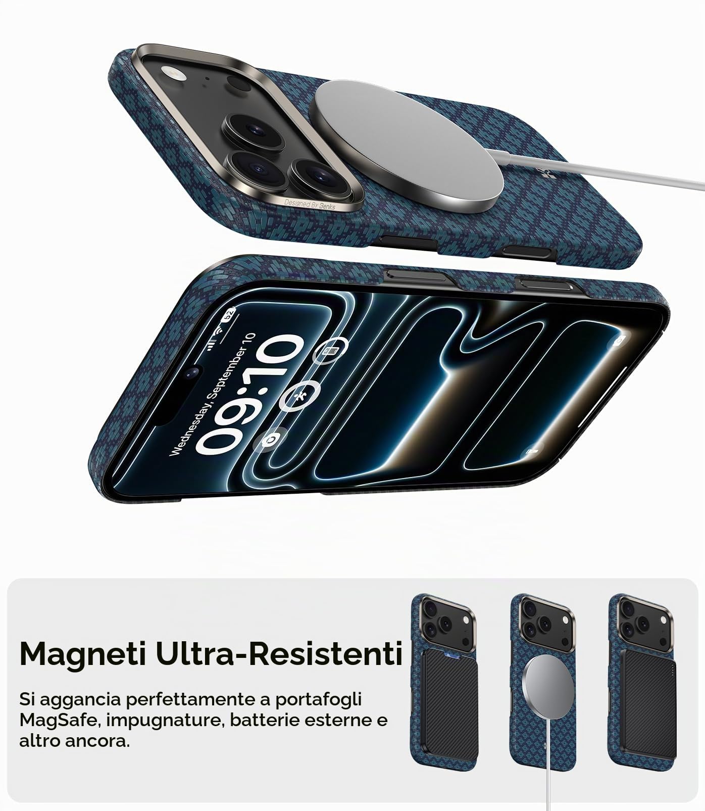 BENKS ArmorGrid ArmorAir per iPhone 17 Pro Cover Magnetica, Compatibile con MagSafe, Ultra Sottile Custodia in Fibra Aramidica Kevlar, Leggera e Resistente, Blu Azzurro