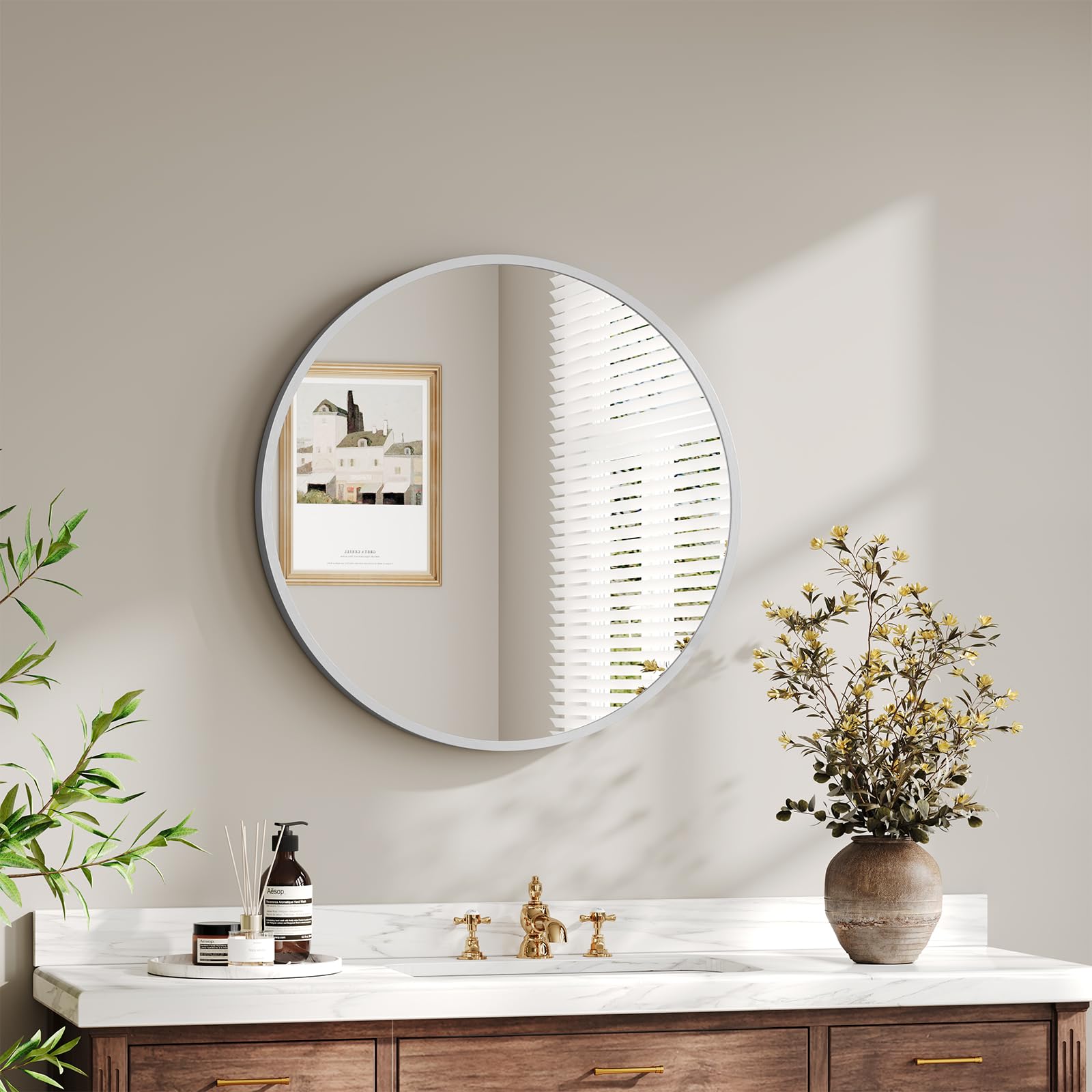 Dripex 40cm Round Mirror, Circle Hanging Wall Mirror - Home Decorative Wall Mounted Vanity Mirror for Bathroom, Dressing Room & Living Room, Silver