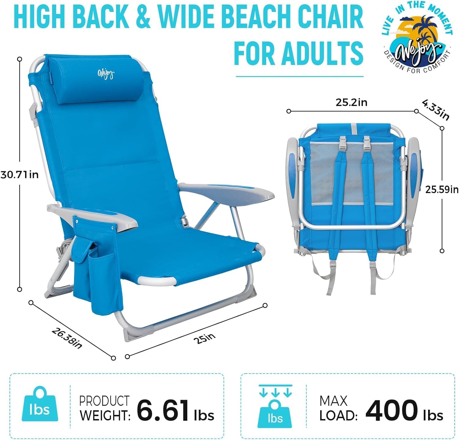 #WEJOY Sedia da Spiaggia Campeggio Pieghevole, Spiaggina Portatile con Tracolla, 4 Livelli Schienale Reclinabile Regolabile Sdraio con Basso Seduta, in Alluminio per Spiaggia Mare Campeggio