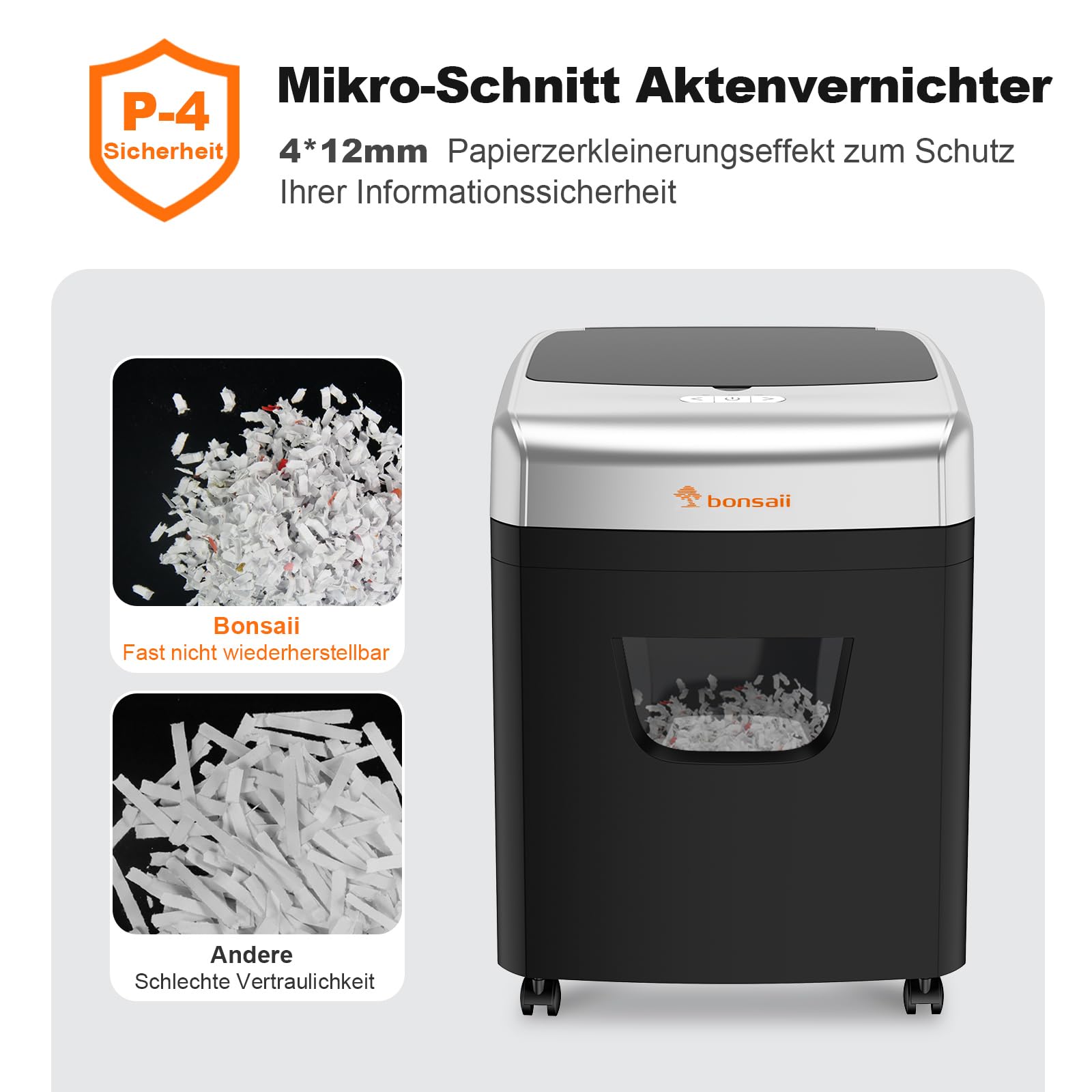 Bonsaii 120 Blatt Aktenvernichter mit Automatischem Einzug, P-4 Partikelschnitt, Extrem Leise mit 62dB, 23-Liter-Behälter und 4 Rädern, Autofeed-Mikroschnitt-Schredder für das Büro(C233-B)