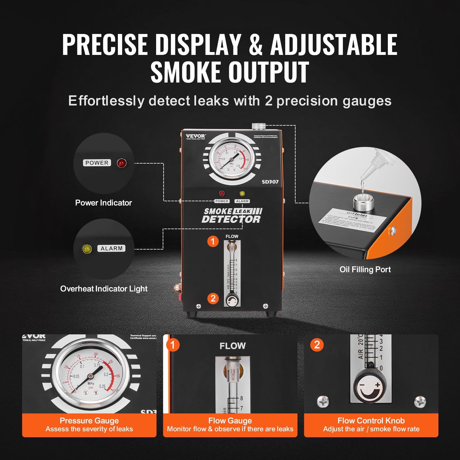VEVOR Detector de Fugas de Humo para Automóviles de Combustible al Vacío EVAP con Bomba de Aire Incorporada, Manómetro y Caudalímetro, con Tubo de Vacío de 2 Modos para Automóviles, 177 x 173 x 290 mm
