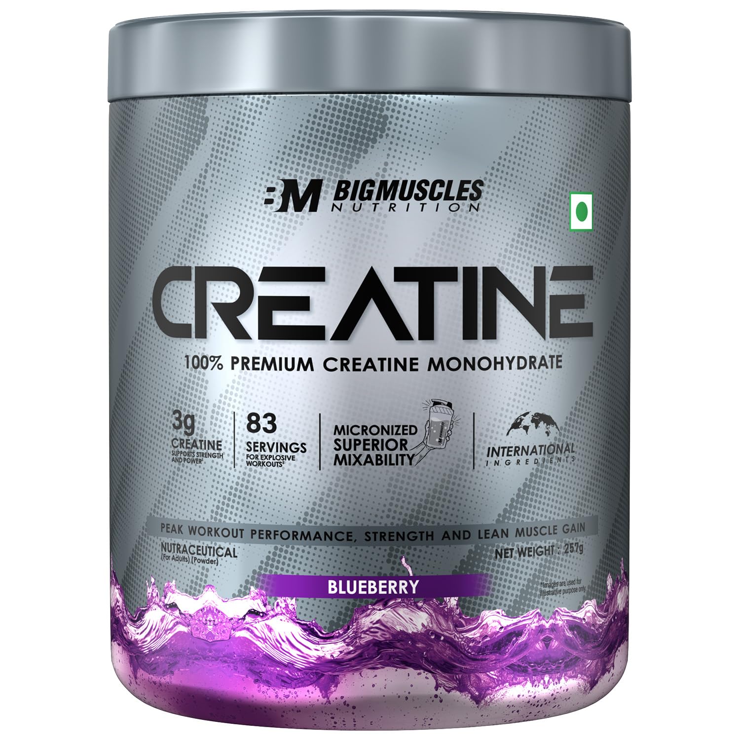 Bigmuscles Nutrition Creatine [257 G,83 Servings]|Blueberry|Micronized Creatine Monohydrate To Support Lean Muscle Repair & Recovery,Powder,1 Count