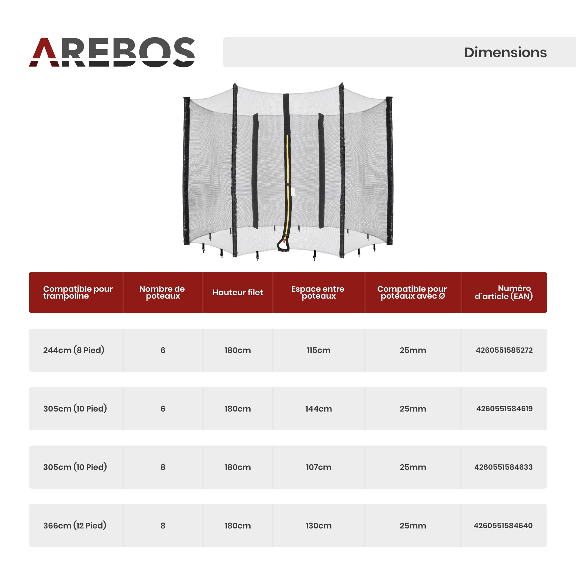 Arebos Coussin de Protection pour Trampoline + Filet / 244, 305, 366, 396, 430, 460 et 490 cm