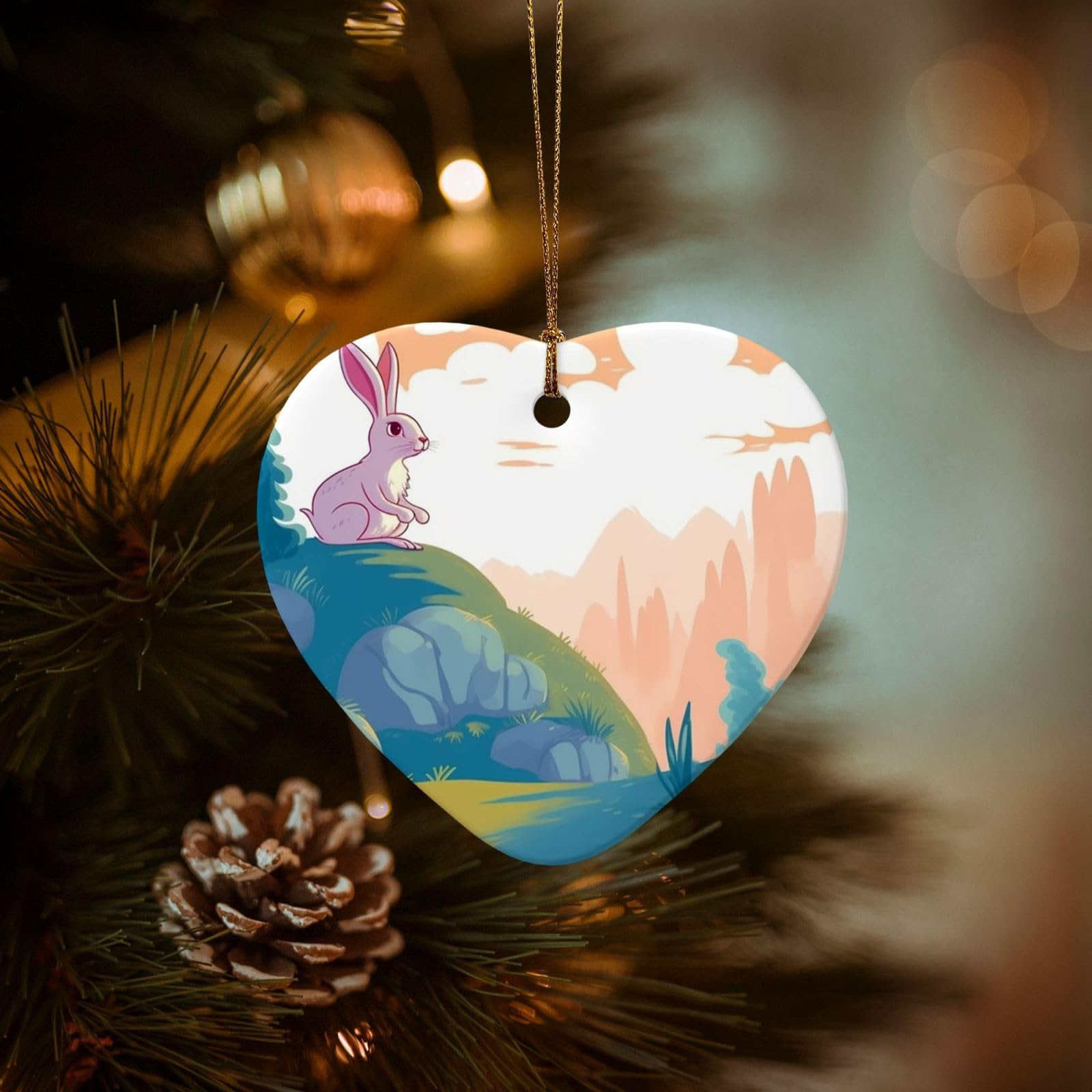 Christmas Tree Ornaments Ceramics Christmas Decorations Rabbit and Landscape Ornaments with Gold Ribbon Porcelain Xmas Tree Crafts Heart Shape Hanging Pendant for Christmas Tree Party Decor