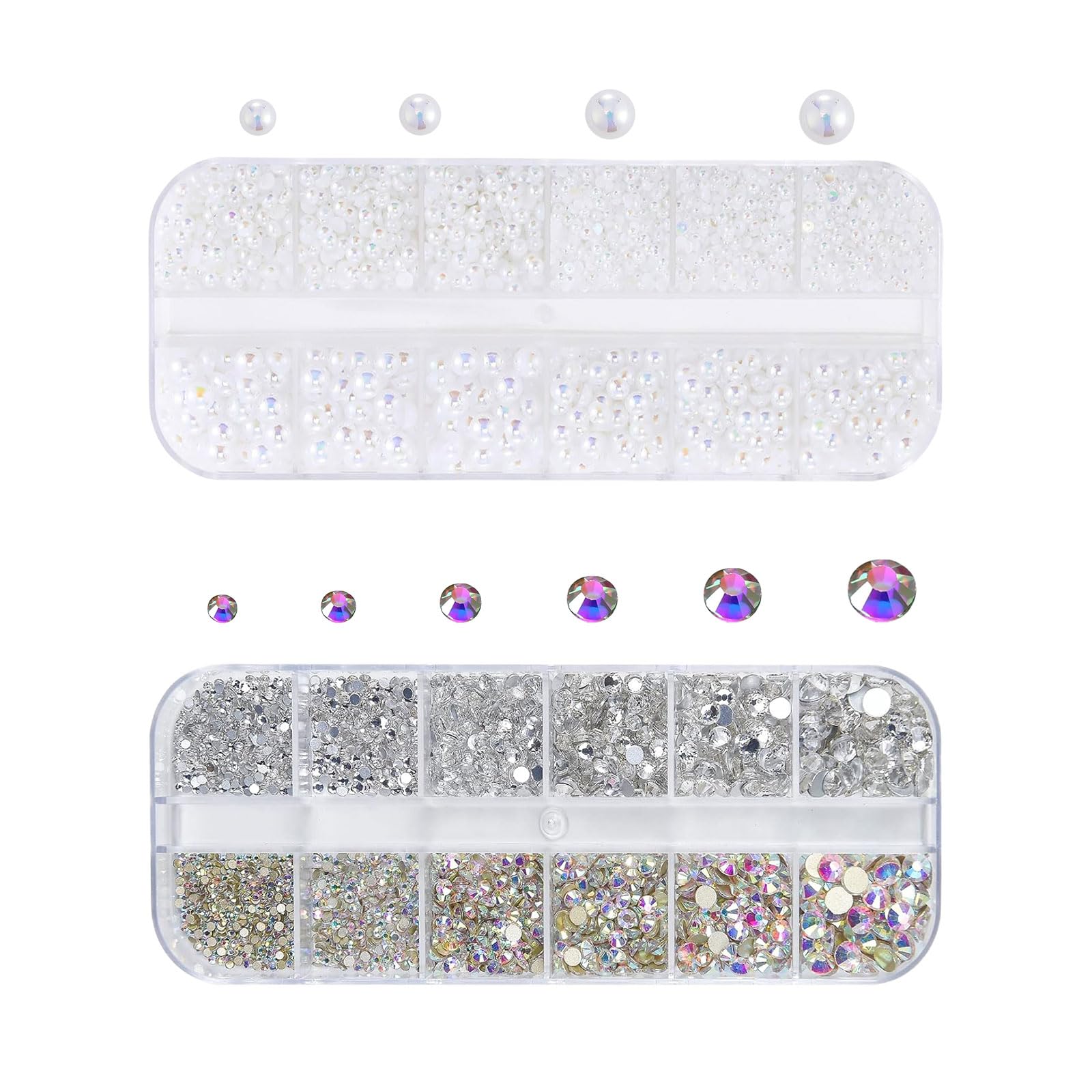 Rhinestones & Pearls Nail Art Decoration - 2 Boxes, 48pc 3D & Flat Back Crystal Nails, AB, White, DIY Crafts