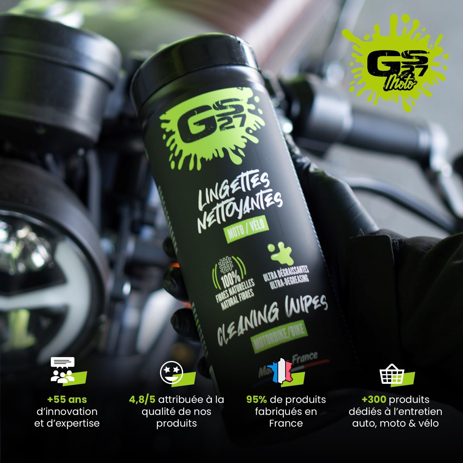 GS27 - Salviette ultra detergenti - Moto e bicicletta - sgrassa e fa brillare - 100% viscosa - Formato XXL 19 x 25 cm