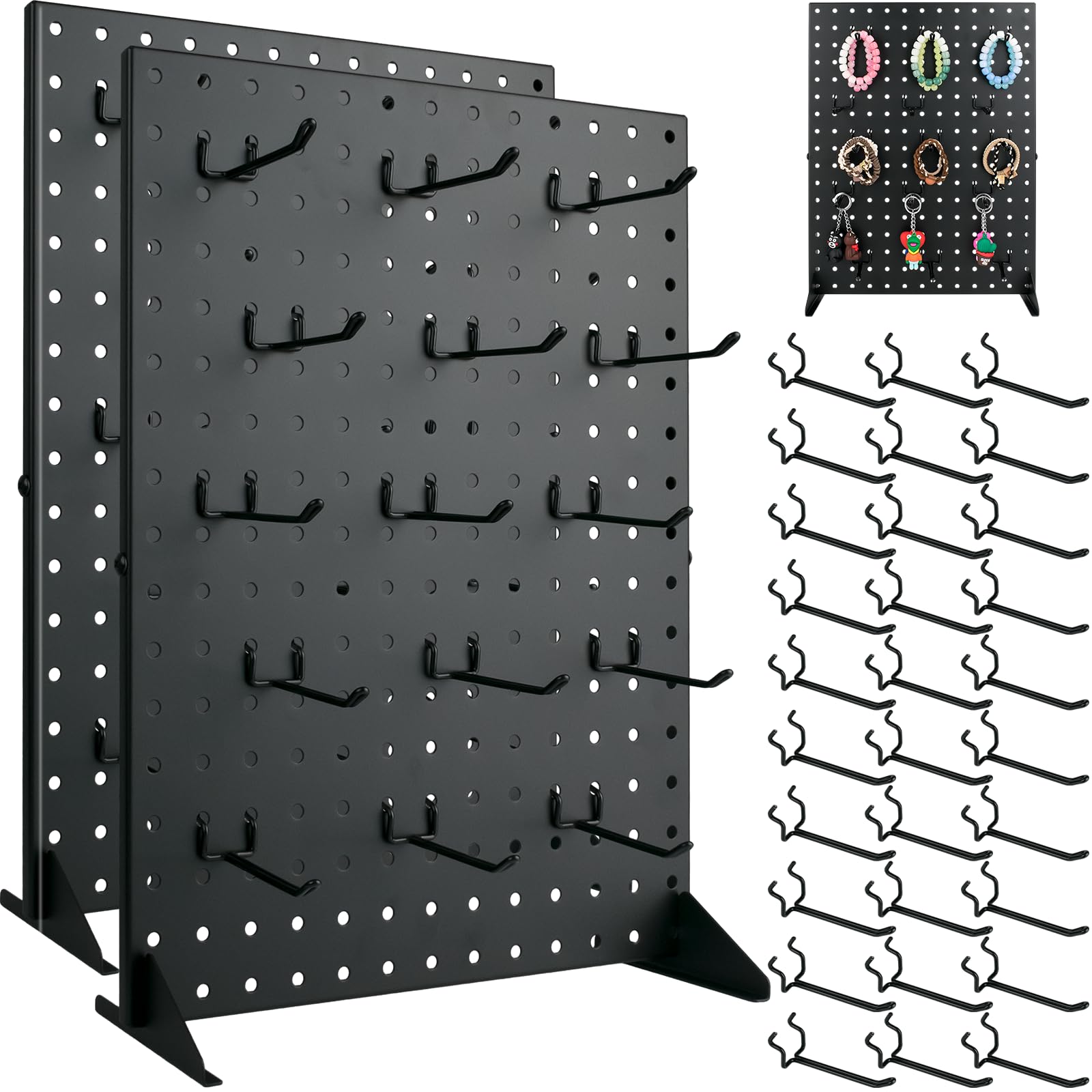 2Pcs Pegboard Display Stand With 30 Peg Board Hooks Accessories, Desk Pegboard Panels, Merchandise Display Rack for Selling Accessories Vendors & Events Retail Craft Shows & Fairs (17*13Inch, Black）
