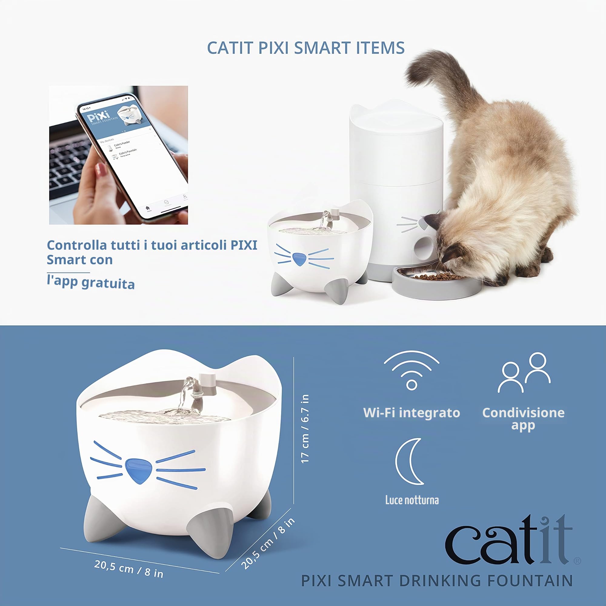 catit 43751 Pixi Smart Fontana per Gatti 853 g | Triplo filtraggio, acqua potabile fresca e fluida, ciotola in acciaio inox, controllo Wi-Fi e app, fontana per gatti