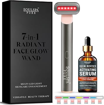 Soulspa Pure 7 in 1 LED Light Wand for Face, Neck & Eye Silver with Activating Serum | Multifunctional Skincare Tool for Home Use