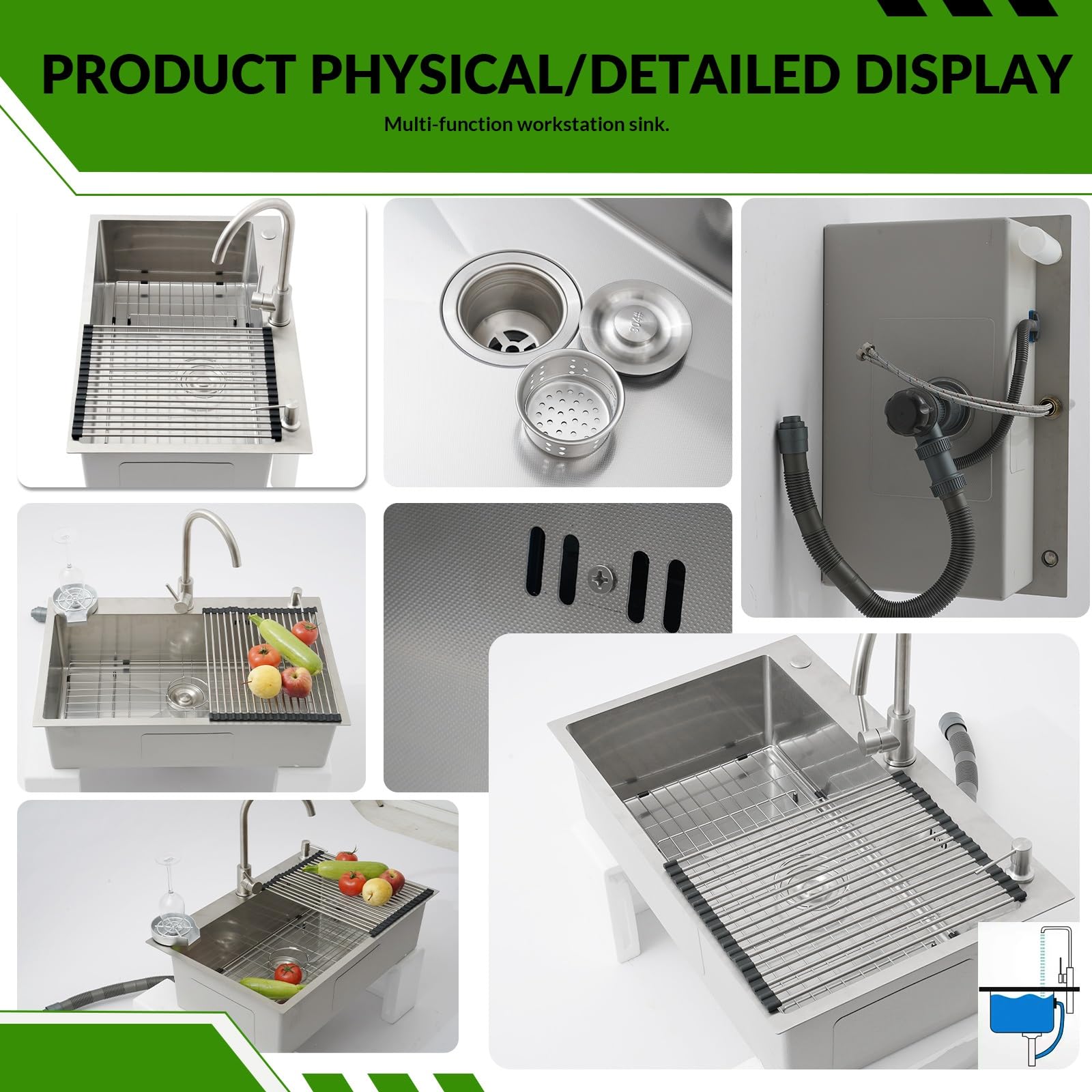 Fregadero Cocina 1 Seno, Acero Inoxidable Fregadero Con Escurreplatos Y Dispensador De Jabón, Fregadero De Cocina Pequeño Con 2 Agujeros Pretaladrados, Fregadero Sobre Encimera O Enrasado(Silver#2,85x