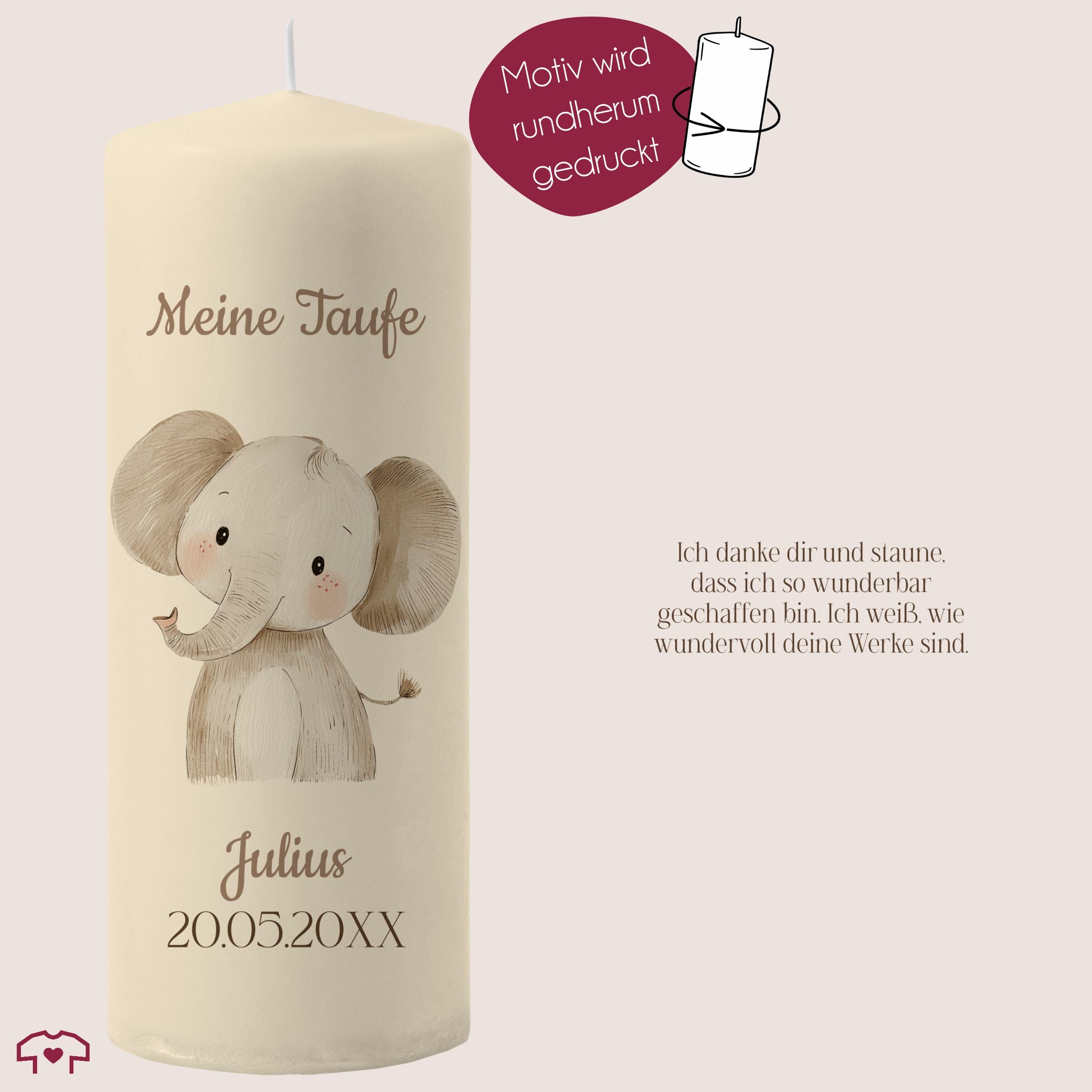 Taufkerze - Taufe - Elefant mit Name Datum Wunschtext - Taufgeschenk Deko personalisiert - 230/78 mm - Elfenbein